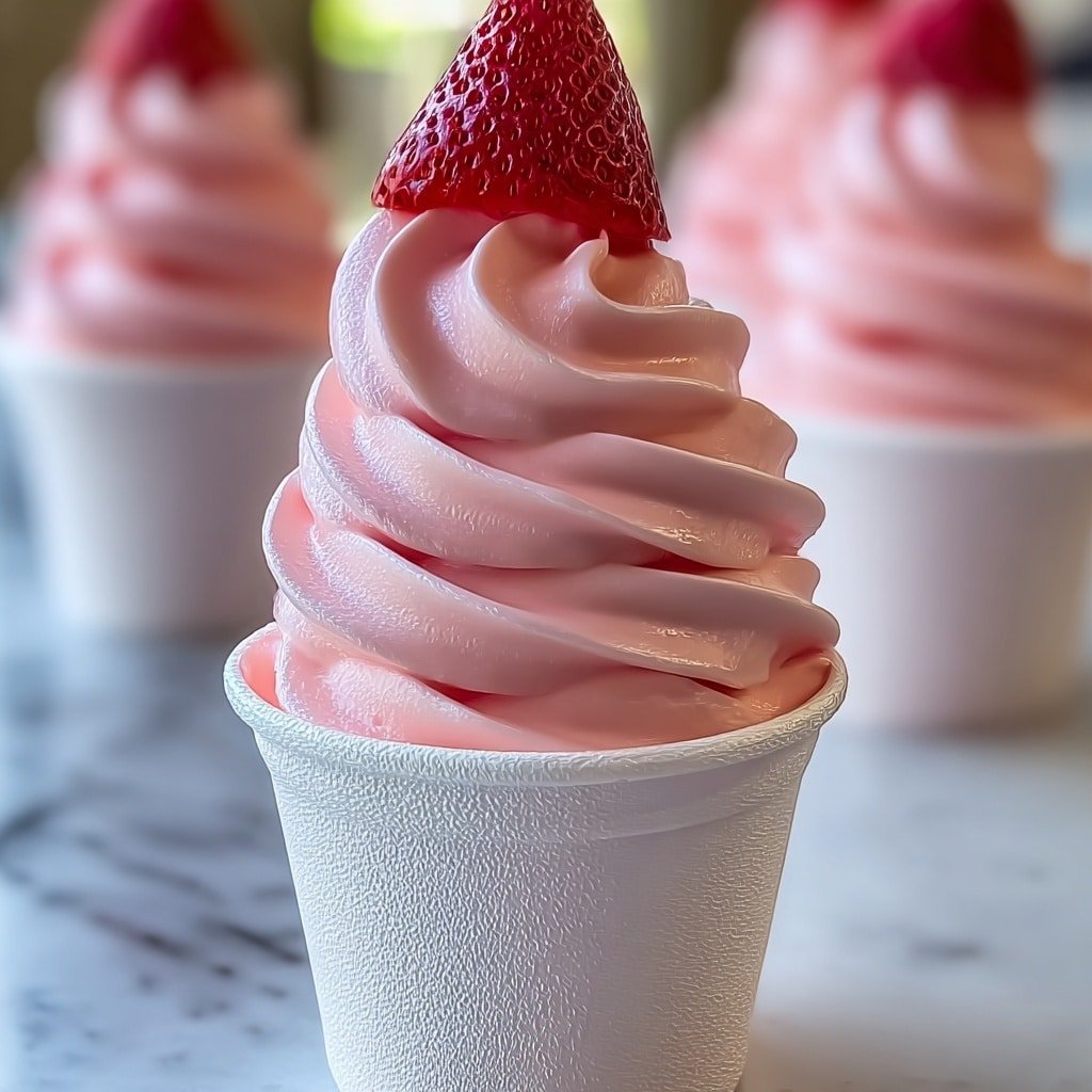 The image shows a close-up of a pink frozen dessert swirled smoothly high above the rim of a pink cup. The dessert has four visible thick, creamy layers, each with soft folds creating a spiral shape. On top sits a bright red half strawberry with small seeds visible, adding a fresh color contrast. The background shows slightly blurred, similar cups of pink dessert, all set on a white marbled surface. photo taken with an iphone --ar 1:1 --v 7 — Strawberry Pineapple Dole Whip, tropical fruit dessert, dairy-free frozen treat, healthy summer dessert, easy fruit-based dessert