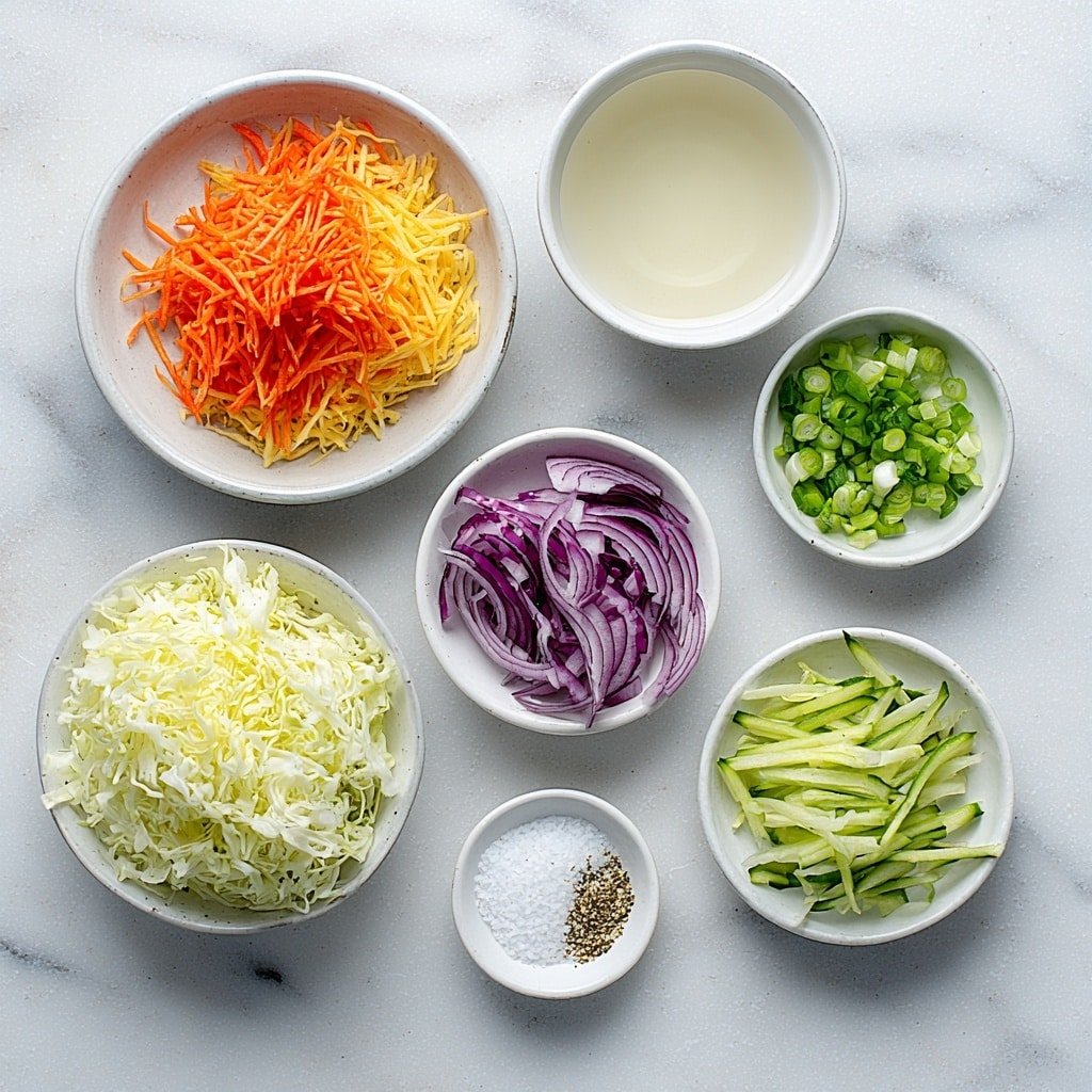 Flat lay of a small white bowl filled with clear white vinegar, a small white bowl with water, a neat pile of shredded bright orange carrots, a portion of shredded crisp white radish with pink edges, thin matchstick strips of fresh green English cucumber, thin slices of vivid purple-red onion arranged in a small stack, a small heap of finely minced white garlic clove, a few chopped green onion pieces scattered gently, a tiny white bowl with coarse sea salt crystals, a tiny white bowl with fine white sugar granules, and a small pinch of dried oregano flakes all placed on a clean white marble surface, soft natural light, photo taken with an iPhone, professional food photography style, fresh ingredients, white ceramic bowls, no bottles, no duplicates, no utensils, no packaging --ar 1:1 --v 7 --p m7354639359234015250 — Quick Pickled Vegetables, easy pickled vegetables, homemade pickled veggies, fast vegetable pickling, tangy veggie snack