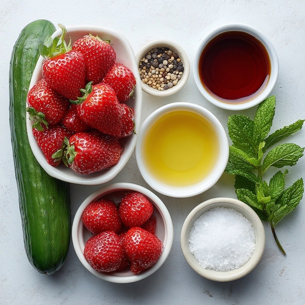 Flat lay of a whole fresh cucumber, a small white ceramic bowl filled with halved ripe strawberries, a small white bowl with golden olive oil, a small white bowl containing dark balsamic vinegar, a small white bowl of amber honey, a small white bowl with coarse salt crystals, a small white bowl with cracked black peppercorns, and a few fresh bright green mint sprigs all arranged symmetrically on a clean white marble surface, soft natural light, photo taken with an iPhone, professional food photography style, fresh ingredients, white ceramic bowls, no bottles, no duplicates, no utensils, no packaging --ar 1:1 --v 7 --p m7354639359234015250 — Refreshing Cucumber Strawberry Salad, cucumber strawberry salad, summer fruit salad, healthy fruit salad, easy fruit salad recipe