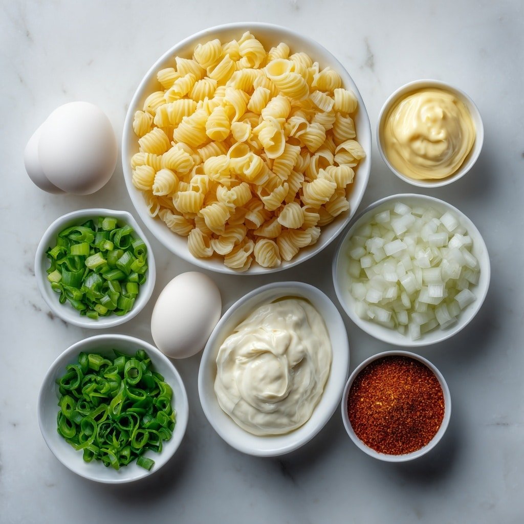 Flat lay of small elbow pasta scattered neatly next to a small mound of diced hard-boiled eggs with smooth, uncracked brown shells placed nearby, a small white ceramic bowl filled with creamy mayonnaise, another small bowl with a pale yellow dijon mustard, a small white bowl holding light green chopped pickles, a small white bowl containing thinly sliced vibrant red onion rings, a small white bowl with clear pickle juice, a small pile of bright green sliced green onions arranged symmetrically, and small white bowls with fine garlic powder and reddish paprika powder, all ingredients fresh and natural, perfectly balanced and symmetrical arrangement placed on a clean white marble surface, soft natural light, photo taken with an iPhone, professional food photography style, fresh ingredients, white ceramic bowls, no bottles, no duplicates, no utensils, no packaging --ar 1:1 --v 7 --p m7354639359234015250 — Creamy Deviled Egg Pasta Salad, deviled egg pasta salad, easy pasta salad recipes, quick picnic salads, flavorful pasta salad ideas