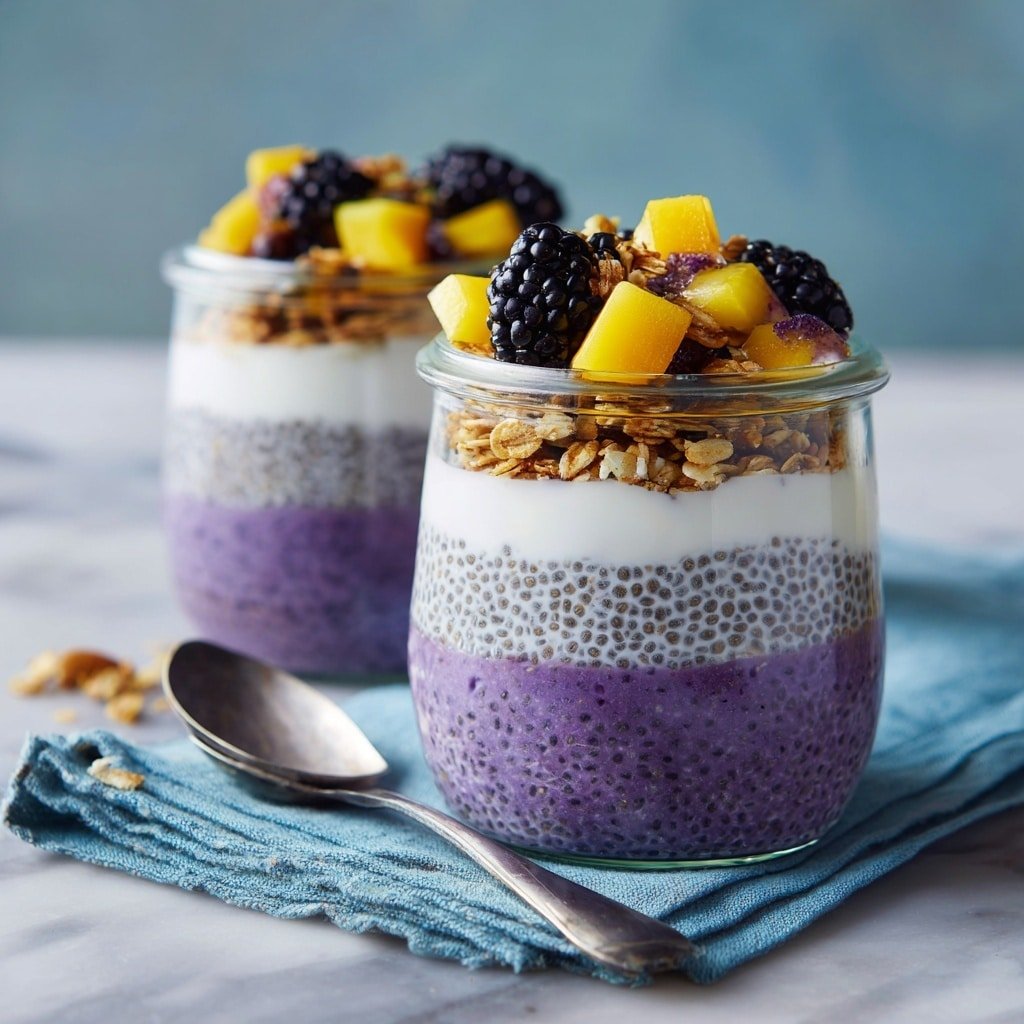 The image shows two clear glass cups filled with layered chia pudding on a white marbled surface. Each cup has three main layers: a bottom layer of dark purple chia pudding, a middle layer of smooth white yogurt, and another layer of dark purple chia pudding above that. The top is decorated with a mix of fresh blackberries, small pale yellow fruit pieces, and crunchy light brown granola. In the background, the second cup has a similar pattern but with a few red raspberries on top. A spoon lies in front of the closest cup on a light blue cloth, and the background is a bright blue wall. Photo taken with an iphone --ar 1:1 --v 7 — Berry Chia Pudding with Greek Yogurt, healthy berry chia pudding, easy breakfast recipes with chia seeds, nutritious fruit pudding, quick overnight chia pudding