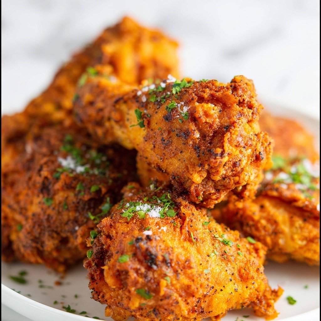 A close-up view of crispy fried chicken pieces piled together on a white plate, each piece showing a rough, crunchy orange-brown coating with specks of black pepper and seasoning. The chicken skin looks crunchy and textured with coarse salt flakes and small green herb leaves sprinkled on top. The background is softly blurred with a white marbled texture. Photo taken with an iphone --ar 1:1 --v 7 — Air Fryer KFC-Inspired Buttermilk Chicken Drumsticks, crispy chicken, air fryer chicken recipe, baked chicken drumsticks, Southern-style chicken