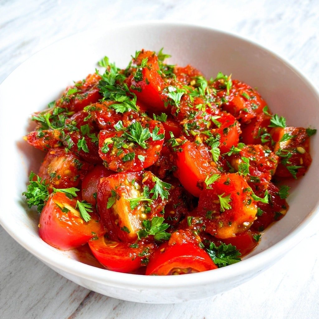 This image shows a white bowl filled with bright red tomato pieces, roughly cut into chunks and quarters. The tomatoes are mixed with a sauce that has a textured, vibrant red color with small bits of herbs and spices. Green parsley leaves are sprinkled evenly on top, adding fresh contrast with their bright green color. The tomatoes and sauce mix creates a shiny, juicy look with some visible tomato seeds and juice. The bowl sits on a white marbled surface. photo taken with an iphone --ar 1:1 --v 7 — Lebanese Tomato Salad without recipe, Lebanese tomato salad with sumac and smoked paprika, Mediterranean tomato salad, easy Lebanese salad, healthy tomato salad