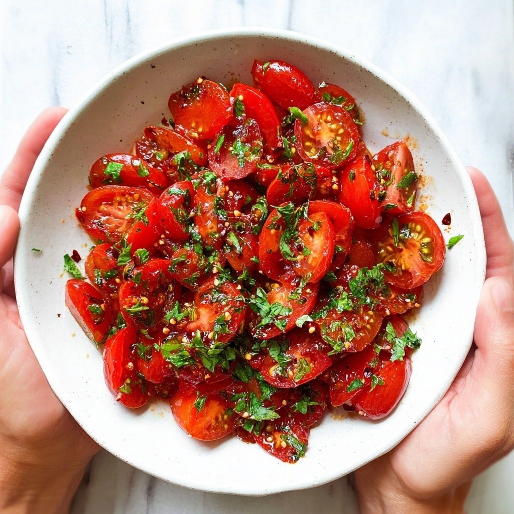 The image shows many fresh red tomatoes, some whole with green stems and some cut into quarters, scattered on a wooden surface. Next to them is a white bowl filled with a thick, chunky red tomato sauce with visible small bits of herbs and seeds. A knife with a light blue handle is placed near the tomatoes at the bottom left side of the image. The scene is bright and vibrant with a natural look. Photo taken with an iphone --ar 1:1 --v 7 — Lebanese Tomato Salad without recipe, Lebanese tomato salad with sumac and smoked paprika, Mediterranean tomato salad, easy Lebanese salad, healthy tomato salad