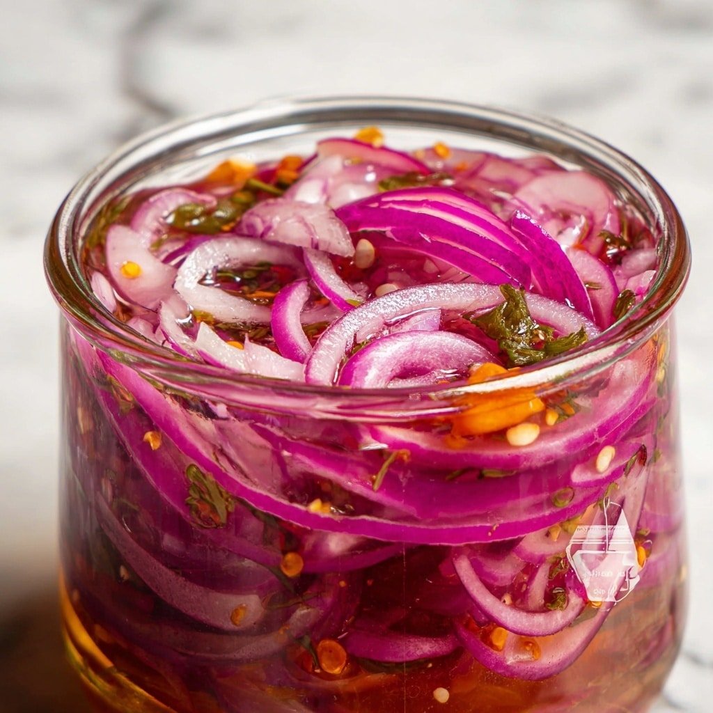 The image shows a close-up of two tostadas placed on a black wire rack over a white marbled surface. Each tostada has a crispy golden base topped with shredded light green cabbage, then pieces of cooked light brown chicken with a bright orange sauce drizzled on top. Thin strips of bright purple pickled onions and small slices of yellow chili rest over the chicken. In the background, two ripe red tomatoes with green stems and a yellow tortilla chip can be seen blurred. The photo taken with an iphone --ar 1:1 --v 7 — Spicy Pickled Red Onions, pickled onions recipe, homemade pickled red onions, spicy onion condiment, quick pickled onions