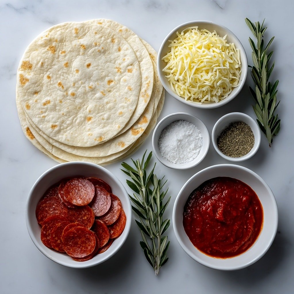 Flat lay of four large plain flour tortillas arranged flat, a small white bowl of shredded mozzarella cheese, a small white bowl of bright red pizza sauce, a small white bowl with thin slices of pepperoni, a small white bowl holding dried oregano leaves, a small white bowl with garlic powder, a few fresh green olive branches with olives to represent olive oil spray, and a small white bowl of coarse salt, all evenly spaced in perfect symmetry on a clean white marble surface, soft natural light, photo taken with an iPhone, professional food photography style, fresh ingredients, white ceramic bowls, no bottles, no duplicates, no utensils, no packaging --ar 1:1 --v 7 --p m7354639359234015250 — Cheese Pizza Chips, cheesy snack, crispy pizza chips, easy pizza snack, game night appetizers