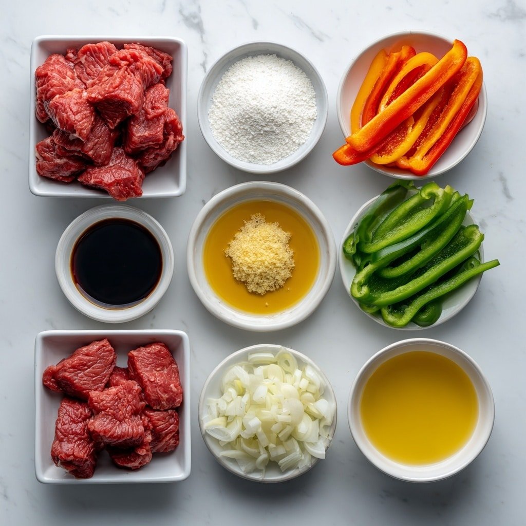 Flat lay of a small pile of thinly sliced raw beef steak, a small white bowl of dark soy sauce, a small white bowl with glossy oyster sauce, a small white bowl of fine white cornstarch powder, a small white bowl filled with golden vegetable oil, one vibrant red bell pepper sliced into strips, one fresh green bell pepper sliced into strips, one white onion thinly sliced, two peeled garlic cloves, a small pile of grated fresh ginger, a small white bowl holding clear beef broth, and a small mound of coarse salt and black pepper placed symmetrically on simple white ceramic plates and bowls, placed on a clean white marble surface, soft natural light, photo taken with an iPhone, professional food photography style, fresh ingredients, white ceramic bowls, no bottles, no duplicates, no utensils, no packaging --ar 1:1 --v 7 --p m7354639359234015250 — Pepper Steak Stir-Fry with Bell Peppers, Pepper Steak Stir-Fry recipe, quick beef stir-fry with peppers, healthy Asian stir-fry dinner, easy beef stir-fry with vegetables