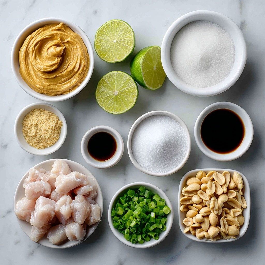 Flat lay of creamy peanut butter in a small white ceramic bowl, full-fat coconut milk in a small white bowl, fresh lime cut in half with one wedge, soy sauce in a small white bowl, dark brown sugar loosely packed in a small white bowl, fresh minced garlic cloves, ground ginger in a small white bowl, raw boneless, skinless chicken thighs cut into chunks on a white ceramic plate, whole fresh lime wedges, whole unshelled peanuts scattered neatly, chopped green onions in a small white bowl, chopped cilantro in a small white bowl, all arranged symmetrically and balanced, placed on a clean white marble surface, soft natural light, photo taken with an iPhone, professional food photography style, fresh ingredients, white ceramic bowls, no bottles, no duplicates, no utensils, no packaging --ar 1:1 --v 7 --p m7354639359234015250 — Thai Peanut Chicken, Thai Peanut Chicken recipe, easy Thai chicken stir-fry, creamy peanut chicken, quick Thai dinner ideas