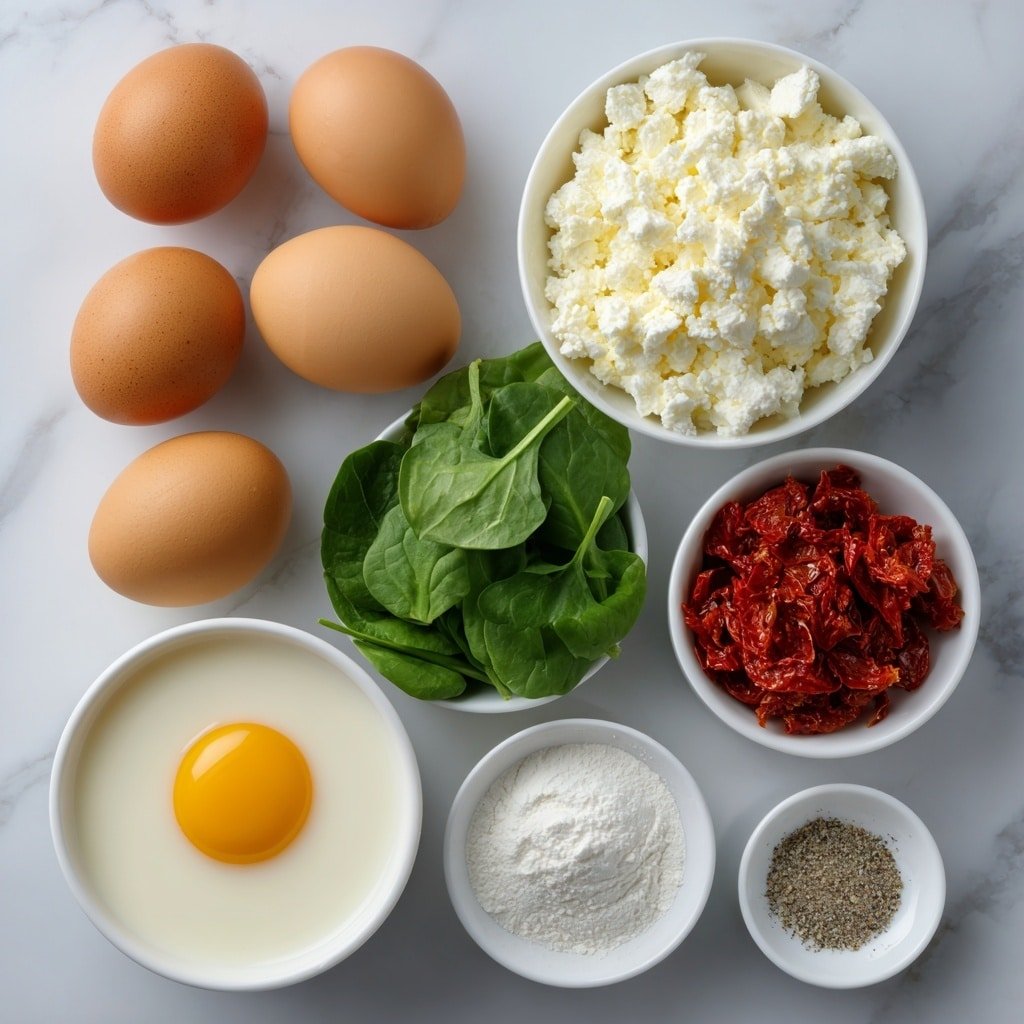 Flat lay of six whole uncracked brown eggs, a small pile of fresh chopped spinach leaves, a small white ceramic bowl filled with crumbled white feta cheese, a small white ceramic bowl with chopped deep red sun-dried tomatoes, a small white ceramic bowl holding creamy whole milk, a small white ceramic bowl with fine white salt, a small white ceramic bowl with ground black pepper, and a small white ceramic bowl containing white baking powder, all arranged in perfect symmetry on a clean white marble surface, soft natural light, photo taken with an iPhone, professional food photography style, fresh ingredients, white ceramic bowls, no bottles, no duplicates, no utensils, no packaging --ar 1:1 --v 7 --p m7354639359234015250 — Spinach Feta Egg Muffins, healthy egg muffin recipe, Mediterranean breakfast muffins, quick breakfast egg cups, savory egg muffin ideas
