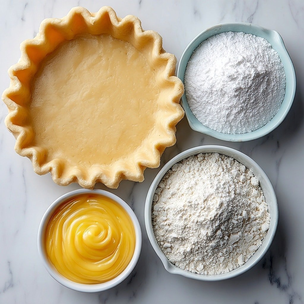 Flat lay of a single unbaked round pie crust with fluted edges, a small white bowl of smooth bright yellow lemon curd, and a small white bowl filled with fine white powdered sugar, all arranged with perfect symmetry on a clean white marble surface, soft natural light, photo taken with an iPhone, professional food photography style, fresh ingredients, white ceramic bowls, no bottles, no duplicates, no utensils, no packaging --ar 1:1 --v 7 --p m7354639359234015250 — Mini Lemon Tartlets with Lemon Curd, lemon tartlet recipe, easy lemon tartlets, no-bake lemon tartlets, citrus dessert for gatherings