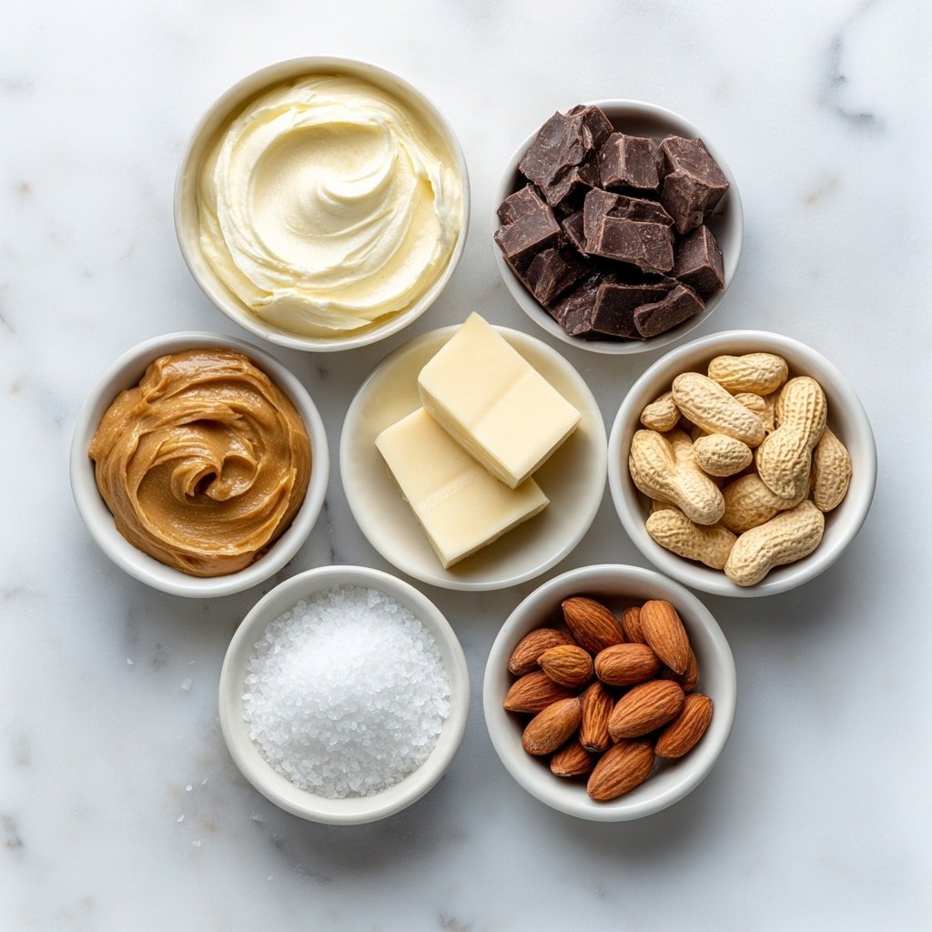 Flat lay of a small white ceramic bowl of creamy vanilla yogurt, a small white ceramic bowl of smooth peanut butter, a small white ceramic bowl with glossy dark chocolate chips, a few whole raw peanuts scattered neatly, a small white ceramic bowl with solid white coconut oil chunks, a small white ceramic bowl containing a few granulated sweetener crystals placed symmetrically, all arranged with perfect balance and symmetry, placed on a clean white marble surface, soft natural light, photo taken with an iPhone, professional food photography style, fresh ingredients, white ceramic bowls, no bottles, no duplicates, no utensils, no packaging --ar 1:1 --v 7 --p m7354639359234015250 — No-Bake Peanut Butter Buster Bars, easy peanut butter dessert, no-bake chocolate peanut butter bars, quick no-bake dessert, no-heat peanut butter treats