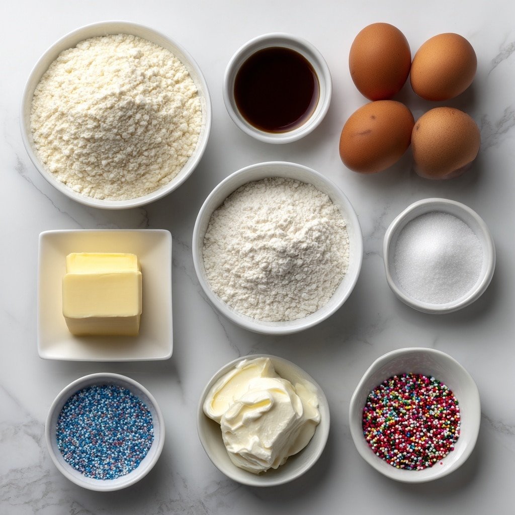 Flat lay of a small mound of soft unsalted butter, a small heap of granulated sugar, two whole uncracked brown eggs, a small white bowl of clear vanilla extract, a small pile of all-purpose flour, a small amount of light baking soda powder, a small portion of cream of tartar powder, a small pinch of salt crystals, a small white bowl filled with colorful sprinkles, and three small dollops of pink, royal blue, and violet gel colors placed in simple white ceramic bowls, arranged with perfect symmetry, fresh and natural ingredients, placed on a clean white marble surface, soft natural light, photo taken with an iPhone, professional food photography style, fresh ingredients, white ceramic bowls, no bottles, no duplicates, no utensils, no packaging --ar 1:1 --v 7 --p m7354639359234015250 — Unicorn Sugar Cookies, vibrant sugar cookies recipe, homemade unicorn cookies, easy sugar cookies with sprinkles, festive unicorn cookie ideas