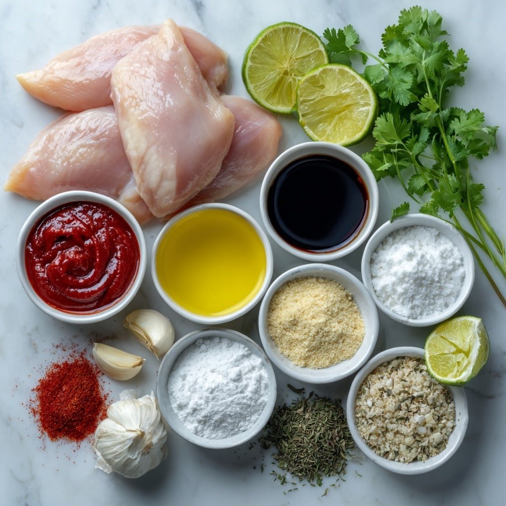 Flat lay of fresh whole boneless, skinless chicken breasts arranged neatly, small white ceramic bowls containing smooth red sriracha sauce, golden honey, dark soy sauce, clear white vinegar, and bright green lime juice, three peeled garlic cloves, a small mound of fine white cornstarch, scattered fresh green cilantro leaves, white sesame seeds sprinkled artfully, fresh lime wedges halved, small piles of reddish paprika powder, pale beige garlic powder, dried thyme and dried basil herbs arranged symmetrically, all ingredients placed on a clean white marble surface, soft natural light, photo taken with an iPhone, professional food photography style, fresh ingredients, white ceramic bowls, no bottles, no duplicates, no utensils, no packaging --ar 1:1 --v 7 --p m7354639359234015250 — Honey Chili Glazed Chicken, Honey Chili Chicken recipe, spicy honey chicken, easy honey chicken dinner, flavorful chicken with honey chili glaze