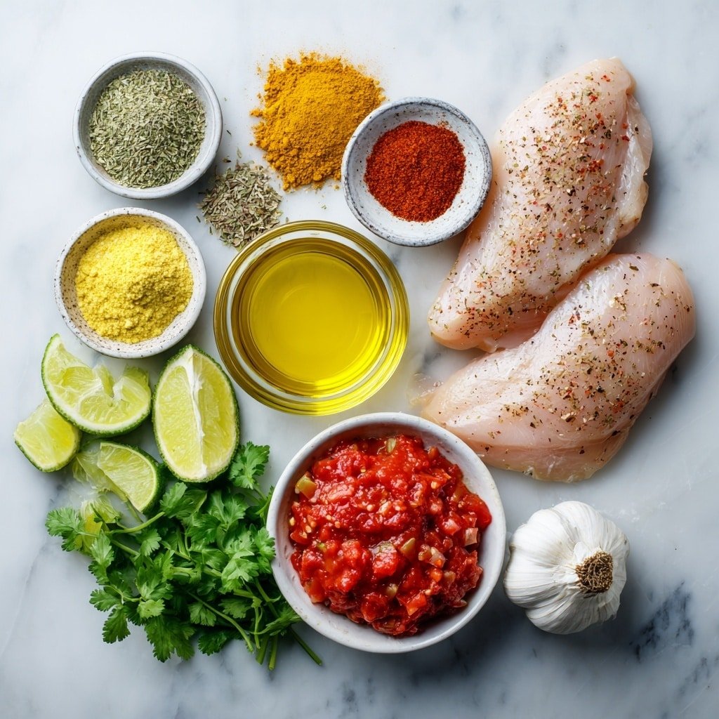 Flat lay of boneless, skinless chicken breasts thickly sliced, a small heap of ground cumin powder, a small heap of smoked paprika powder, a small heap of dried oregano leaves, a small heap of cayenne pepper powder, a small heap of coarse salt crystals, a small heap of freshly ground black pepper, a small white ceramic bowl with golden olive oil, a whole small yellow onion, a few cloves of fresh garlic, a small white bowl with rich red tomato paste, a small white bowl filled with diced ripe tomatoes, a small white bowl with creamy white coconut milk, a small bunch of bright green fresh cilantro sprigs, and fresh lime wedges halved neatly, all arranged symmetrically and balanced placed on a clean white marble surface, soft natural light, photo taken with an iPhone, professional food photography style, fresh ingredients, white ceramic bowls, no bottles, no duplicates, no utensils, no packaging --ar 1:1 --v 7 --p m7354639359234015250 — Creamy Coconut Chicken Skillet, Coconut Chicken Dinner, Easy Coconut Chicken Recipe, One-Pan Chicken with Coconut Milk, Weeknight Chicken Skillet