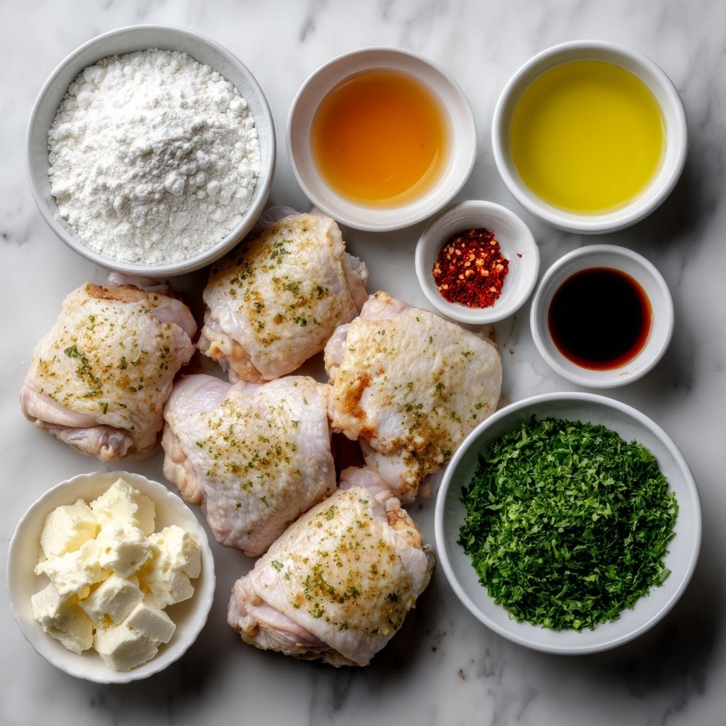 Flat lay of eight skinless, boneless chicken thighs arranged neatly, a small white ceramic bowl of fine white cornflour, a small white bowl containing coarse salt, another small white bowl with cracked black peppercorns, a small white bowl of golden vegetable oil, a small white bowl with creamy unsalted butter, four peeled garlic cloves minced into fresh bits on the side, a small white bowl filled with amber honey, a small white bowl of light brown chicken stock, a small white bowl holding clear rice vinegar, a small white bowl with dark light soy sauce, a small white bowl of finely chopped bright green fresh parsley, a small white bowl of deep red chili flakes, and a simple mound of fluffy boiled white rice on a plain white ceramic plate, all arranged in perfect symmetry, placed on a clean white marble surface, soft natural light, photo taken with an iPhone, professional food photography style, fresh ingredients, white ceramic bowls, no bottles, no duplicates, no utensils, no packaging --ar 1:1 --v 7 --p m7354639359234015250 — Sticky Honey Garlic Chicken Thighs, honey garlic chicken recipe, easy chicken dinner, juicy chicken thighs with honey garlic, flavorful chicken thigh recipe
