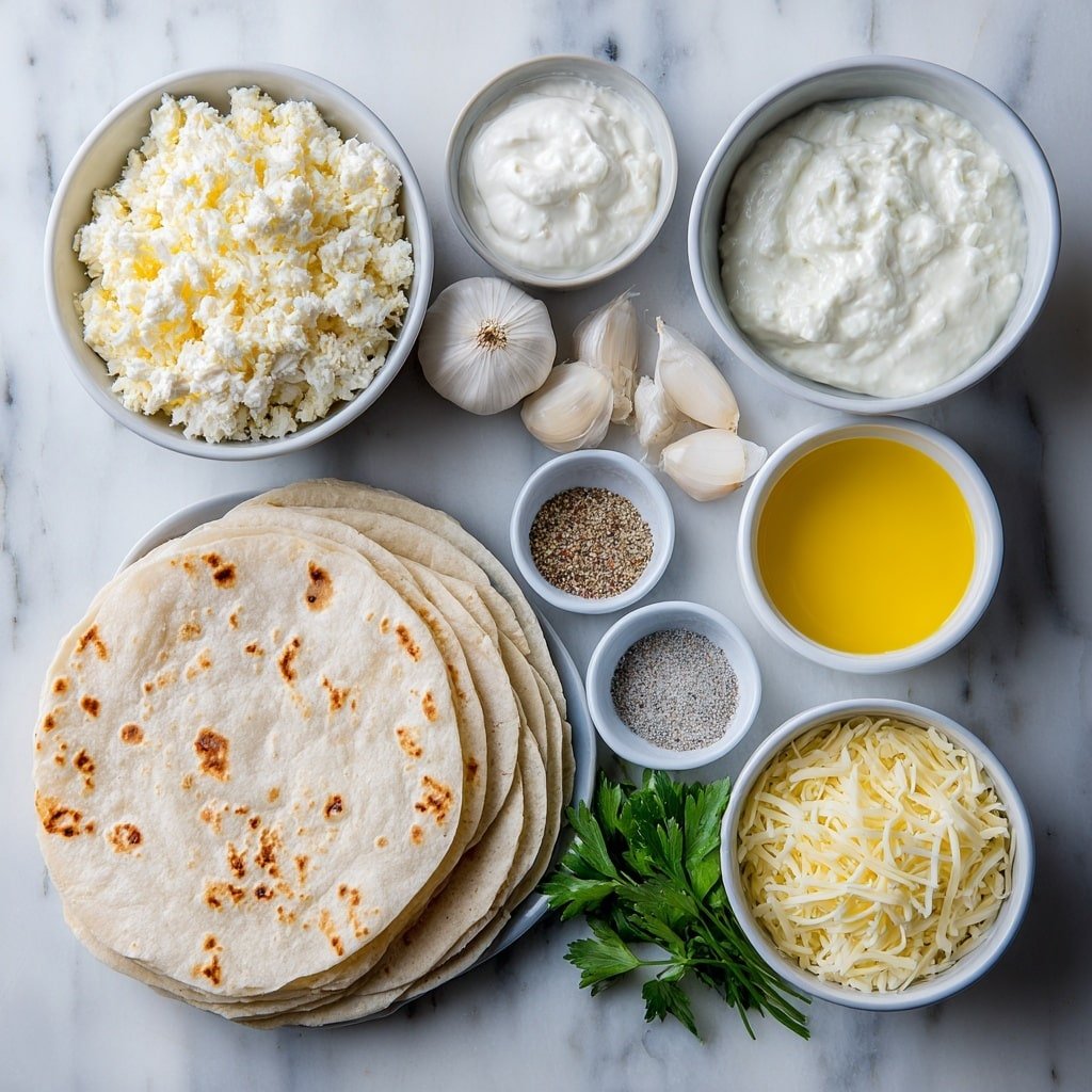 Flat lay of shredded cooked chicken, shredded mozzarella and cheddar cheese mix, a small white bowl of softened cream cheese, a small white bowl with melted butter, three peeled garlic cloves, a small white bowl of sour cream, a small white bowl of garlic powder, a small white bowl of Italian seasoning, four large plain tortillas stacked, a small white bowl of coarse salt and black pepper mix, a few sprigs of fresh parsley, all arranged in perfect symmetry on simple white ceramic bowls and plates, placed on a clean white marble surface, soft natural light, photo taken with an iPhone, professional food photography style, fresh ingredients, white ceramic bowls, no bottles, no duplicates, no utensils, no packaging --ar 1:1 --v 7 --p m7354639359234015250 — Cheesy Garlic Chicken Wraps, cheesy chicken wraps, garlic chicken wraps, easy chicken wrap recipes, flavorful chicken wraps