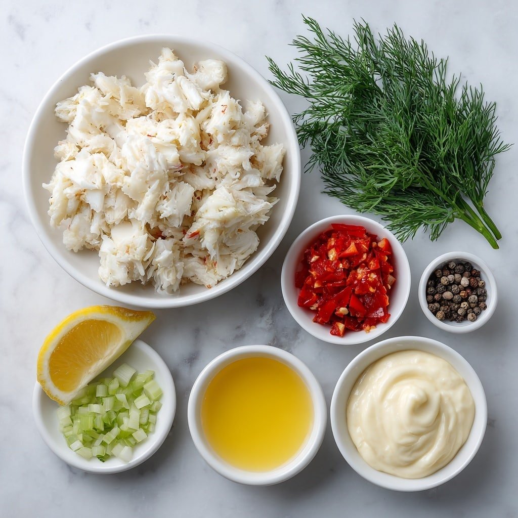 Flat lay of fresh lump crab meat, a small bowl of diced celery, a small bowl of diced red bell pepper, a small white bowl of creamy mayonnaise, a small white bowl of freshly squeezed lemon juice, a small bunch of fresh dill, salt crystals and black peppercorns arranged neatly, all placed on simple white ceramic bowls and plates, perfect symmetry and balanced layout, vibrant and natural colors, placed on a clean white marble surface, soft natural light, photo taken with an iPhone, professional food photography style, fresh ingredients, white ceramic bowls, no bottles, no duplicates, no utensils, no packaging --ar 1:1 --v 7 --p m7354639359234015250 — Easy Crab Salad, crab salad appetizer, quick crab salad, healthy crab salad, seafood salad recipe