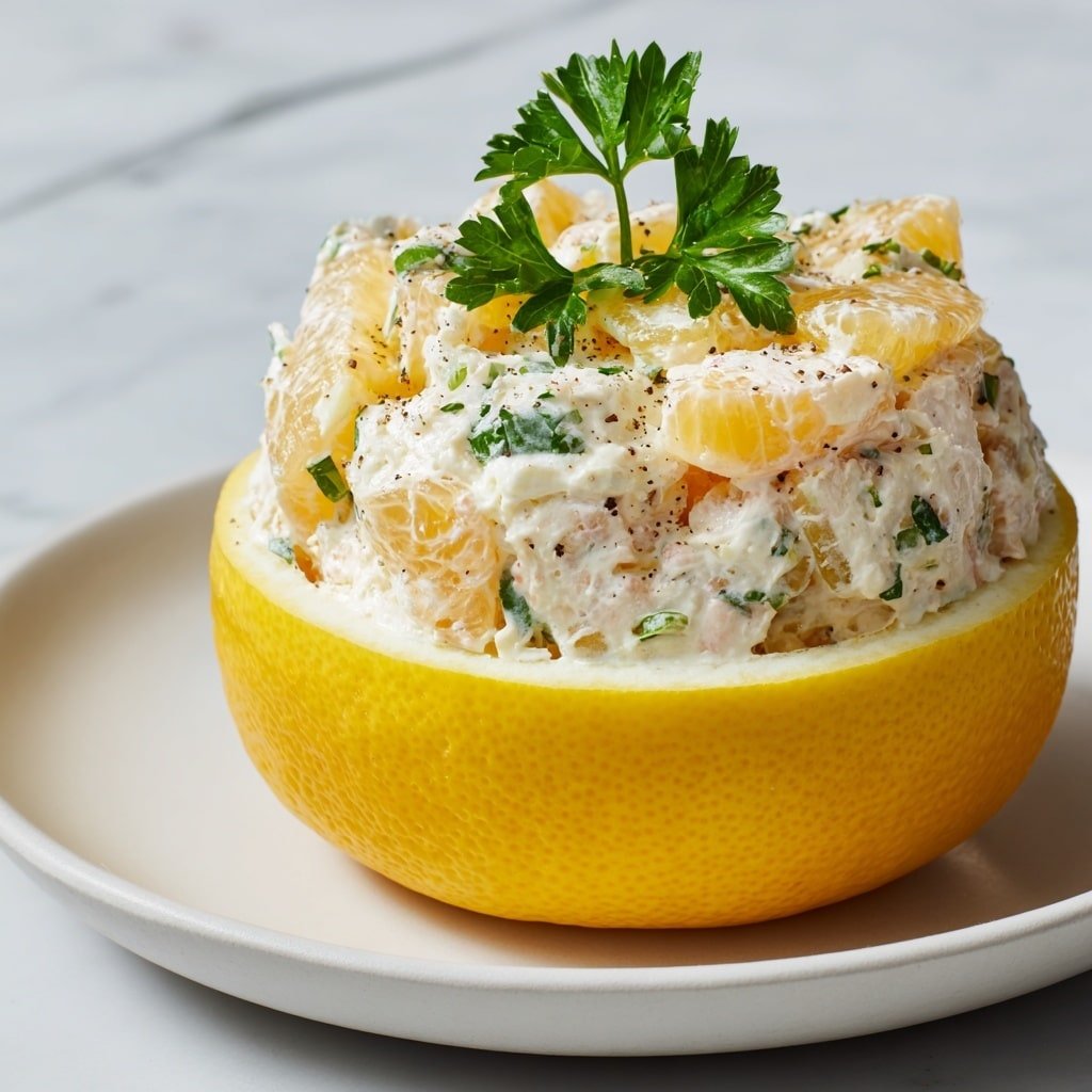 The image shows a close-up of a salad made of small white and orange cubes mixed with creamy dressing and black pepper. This mixture is piled high on a thick round orange slice, with a small green herb sprig on top. The orange slice rests on a white plate, and blurred green leaves appear in the background. The whole scene is set against a white marbled surface. photo taken with an iphone --ar 1:1 --v 7 — Easy Crab Salad, crab salad appetizer, quick crab salad, healthy crab salad, seafood salad recipe