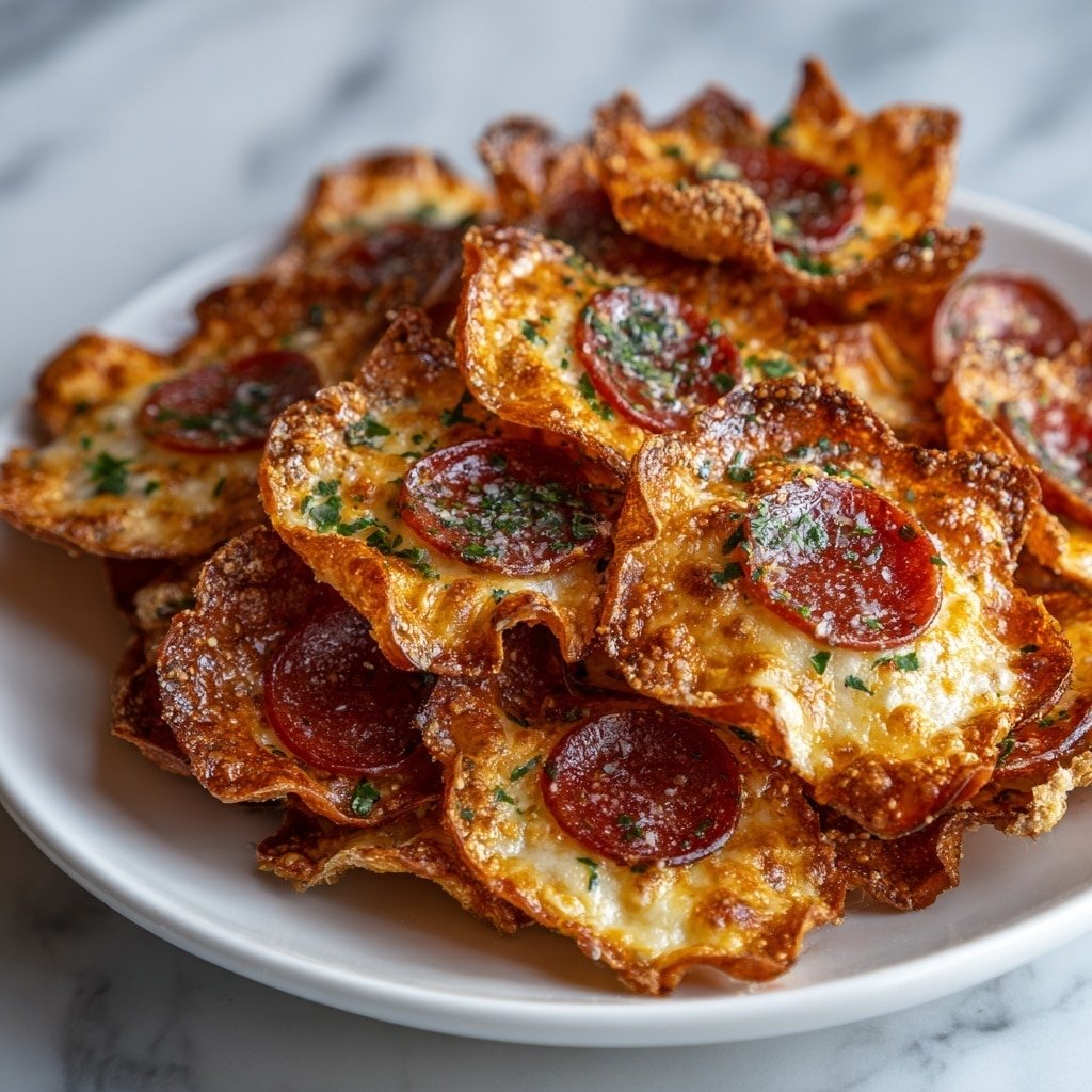 A white plate holds many triangular nachos arranged in layers, each nacho topped with melted white cheese that has a slightly golden-brown texture and a single round, dark red pepperoni slice. Green herbs are sprinkled lightly over the cheese and pepperoni, adding a touch of color and texture. In the background, there is a white small bowl filled with red dipping sauce, placed on a white marbled surface. photo taken with an iphone --ar 1:1 --v 7 — Cheese Pizza Chips, cheesy snack, crispy pizza chips, easy pizza snack, game night appetizers
