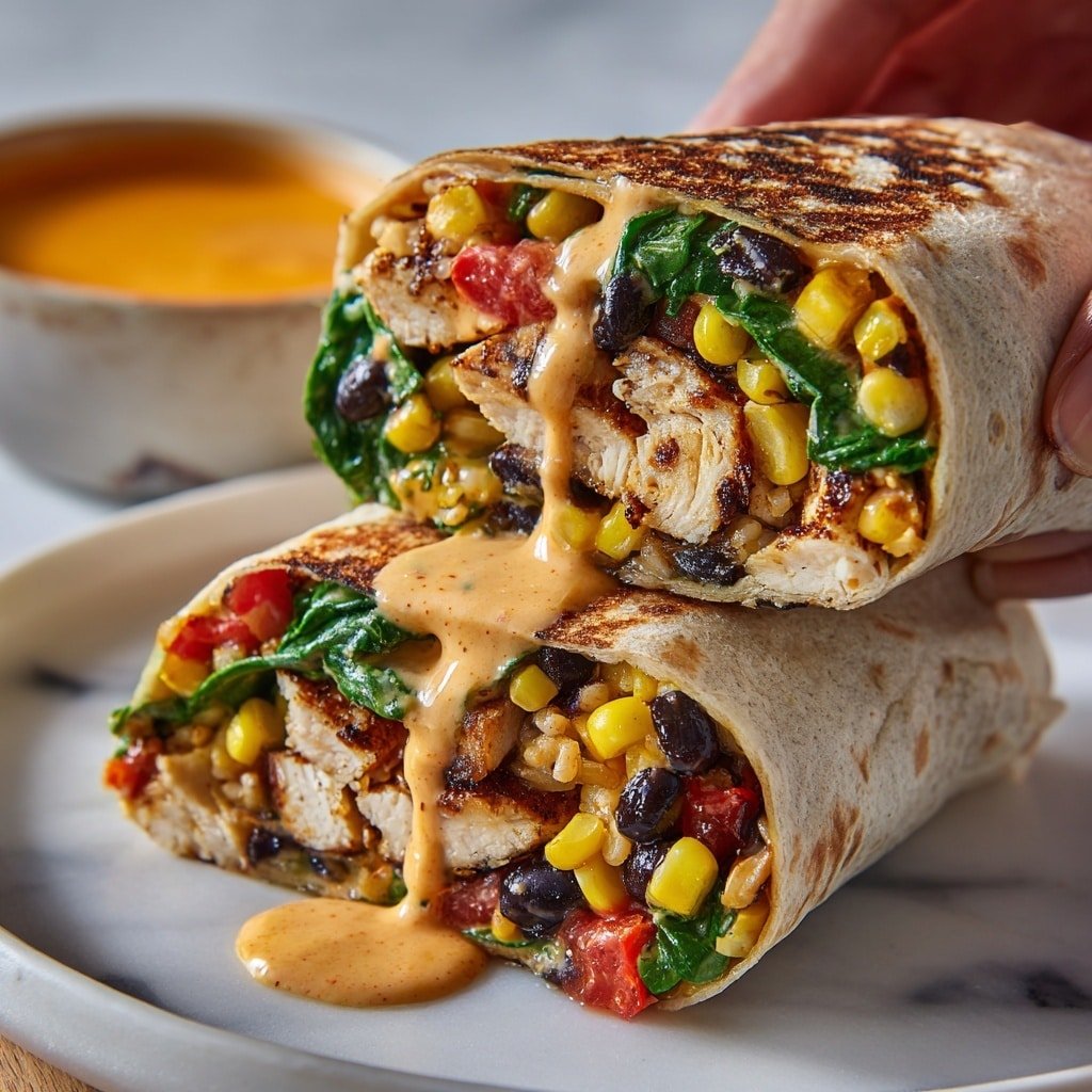 A close-up of a burrito cut in half, showing three main layers inside the white tortilla: chunks of grilled light brown chicken with a slightly charred texture, bright yellow corn mixed with black beans, and green leafy vegetables with small pieces of red tomato. Creamy light orange sauce is spread through the filling and a small amount drips from the bottom layer. The burrito halves rest on a light gray plate. In the blurred background, there is a small black bowl with more sauce on a white marbled surface. Photo taken with an iphone --ar 1:1 --v 7 — Spicy Southwest Chicken Wrap, Southwest chicken wrap, spicy chicken wrap recipe, easy chicken wrap, flavorful chicken wrap
