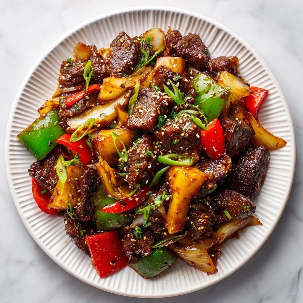 This dish is a vibrant mix of several layers. The base layer has large pieces of cooked onion, white and translucent with browned edges. On top of that, there are chunks of dark brown meat, rich in color and slightly shiny with sauce. Bright red and green bell pepper pieces are scattered through, adding pops of color. Small green onion slices and tiny seeds are sprinkled all over, giving a fresh touch. The food is all served on a white plate with a textured edge, placed on a white marbled surface. photo taken with an iphone --ar 1:1 --v 7 — Pepper Steak Stir-Fry with Bell Peppers, Pepper Steak Stir-Fry recipe, quick beef stir-fry with peppers, healthy Asian stir-fry dinner, easy beef stir-fry with vegetables
