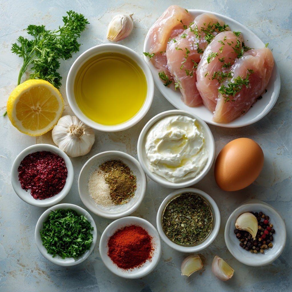 Flat lay of fresh raw chicken cutlets, a small bowl of creamy plain full fat Greek yogurt, a small white bowl of golden olive oil, a small white bowl with amber honey, a whole bright yellow lemon cut in half showing juicy pulp, a few sprigs of finely chopped fresh parsley, five peeled garlic cloves, one whole uncracked brown egg, a small white bowl of coarse salt, a small white bowl of whole black peppercorns, a small white bowl of vibrant red paprika powder, a small white bowl of light beige onion powder, a small white bowl of dried oregano leaves, a small white bowl of dried basil leaves, a small white bowl of fine cayenne pepper, a small white bowl with ground coriander, a small white bowl with ground cumin, all ingredients arranged symmetrically in simple white ceramic bowls and plates, placed on a clean white marble surface, soft natural light, photo taken with an iPhone, professional food photography style, fresh ingredients, white ceramic bowls, no bottles, no duplicates, no utensils, no packaging --ar 1:1 --v 7 --p m7354639359234015250 — Greek Yogurt Marinated Chicken, Greek yogurt chicken marinade, tender Greek yogurt chicken, healthy Greek yogurt chicken recipe, flavorful chicken with yogurt
