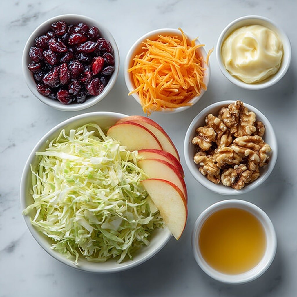 Flat lay of a small mound of shredded green cabbage, thin julienned slices of a shiny red apple, a small white ceramic bowl filled with plump dried cranberries, a neat pile of bright orange shredded carrot, thin crescent shapes of deep purple-red sliced red onion, a small heap of chopped walnuts, a small white ceramic bowl with creamy pale mayonnaise, another small white ceramic bowl with amber honey, and a third small white ceramic bowl holding golden apple cider vinegar liquid, all arranged symmetrically and balanced with fresh natural colors, placed on a clean white marble surface, soft natural light, photo taken with an iPhone, professional food photography style, fresh ingredients, white ceramic bowls, no bottles, no duplicates, no utensils, no packaging --ar 1:1 --v 7 --p m7354639359234015250 — Cranberry Apple Coleslaw, festive coleslaw recipes, healthy cabbage slaw, fruit and vegetable salad, easy side dish ideas