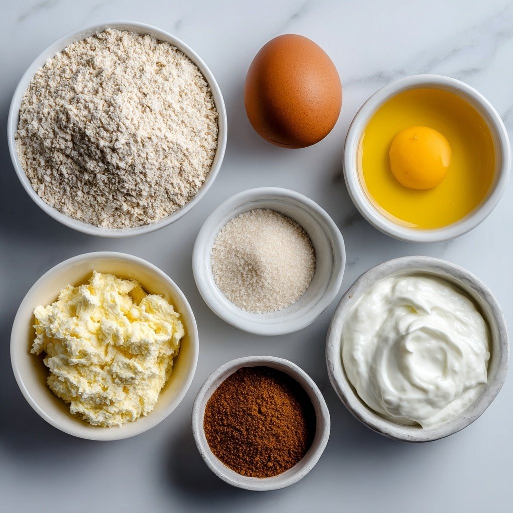 Flat lay of a small white ceramic bowl of fine oat flour, a single whole brown egg with a clean shell, a small white ceramic bowl filled with clear egg whites, a small white ceramic bowl of creamy Greek yogurt, a small white ceramic bowl holding smooth golden maple syrup, a small white ceramic bowl containing fine granular sweetener, and a small white ceramic bowl with warm ground cinnamon powder, all arranged in perfect symmetry and natural proportions, placed on a clean white marble surface, soft natural light, photo taken with an iPhone, professional food photography style, fresh ingredients, white ceramic bowls, no bottles, no duplicates, no utensils, no packaging --ar 1:1 --v 7 --p m7354639359234015250 — Protein Cinnamon Roll Crepes, healthy cinnamon crepes with protein, easy breakfast crepes with cinnamon and yogurt, quick protein crepe recipes, cozy cinnamon crepes for mornings