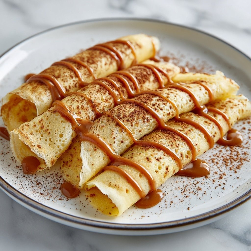 The image shows three rolled light yellow crepes stacked side by side on a white plate with a thin dark rim, placed on a white marbled surface. Each crepe is sprinkled generously with a fine layer of cinnamon powder that adds a warm brown speckled texture on top. Drizzled over the crepes are smooth, medium brown swirls of caramel sauce that flow softly in wave-like lines from one end to the other, creating a glossy contrast on the matte surface of the crepes. In the background, there are soft blurred shapes in warm tones, suggesting cinnamon sticks, enhancing the cozy feel of the image. The photo taken with an iphone --ar 1:1 --v 7 — Protein Cinnamon Roll Crepes, healthy cinnamon crepes with protein, easy breakfast crepes with cinnamon and yogurt, quick protein crepe recipes, cozy cinnamon crepes for mornings