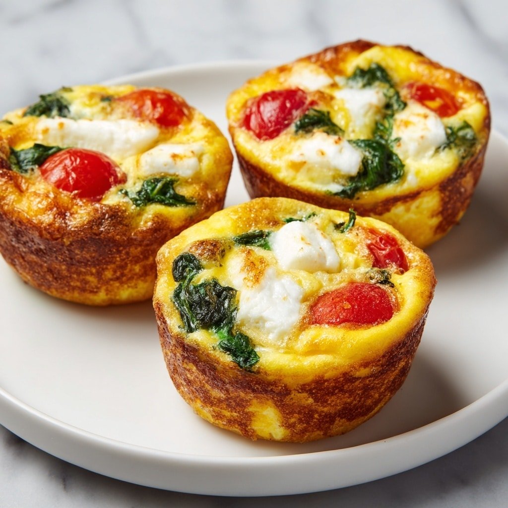 Three small round egg muffins sit on a white plate with a white marbled surface. Each muffin has a crispy, brown outer layer with a soft yellow egg layer inside. On top, there are visible pieces of bright green spinach leaves, red cherry tomato halves, and dollops of white cheese spaced evenly. The muffins show a slight golden brown from baking around the edges. Photo taken with an iphone --ar 1:1 --v 7 — Spinach Feta Egg Muffins, healthy egg muffin recipe, Mediterranean breakfast muffins, quick breakfast egg cups, savory egg muffin ideas