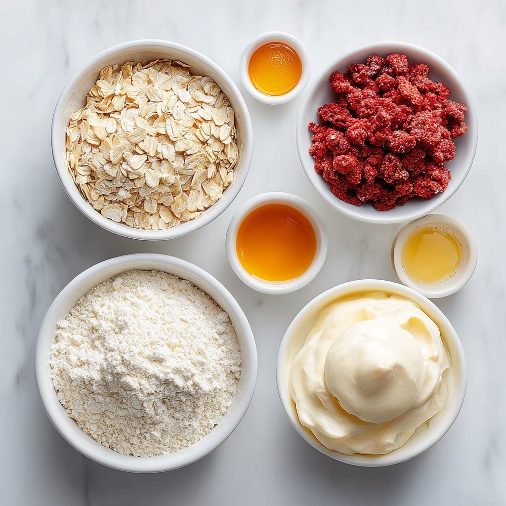 Flat lay of a small mound of rolled oats, a small heap of almond flour, two scoops of vanilla protein powder in a simple white ceramic bowl, a quarter cup of smooth softened cream cheese dolloped neatly in a white bowl, a small white bowl filled with crushed bright red freeze-dried strawberries, a small white bowl of golden honey, a small white bowl with pale vanilla extract, and a small white bowl of creamy milk, all ingredients fresh and natural, arranged symmetrically and balanced, placed on a clean white marble surface, soft natural light, photo taken with an iPhone, professional food photography style, fresh ingredients, white ceramic bowls, no bottles, no duplicates, no utensils, no packaging --ar 1:1 --v 7 --p m7354639359234015250 — Strawberry Cheesecake Protein Balls, healthy protein bites, no-bake snack idea, quick nutritious treats, easy protein snack recipes