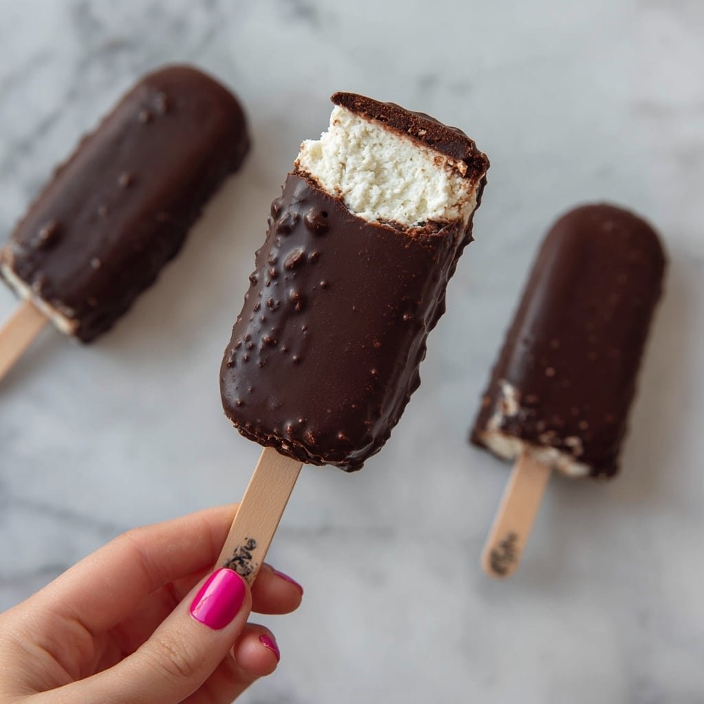 A small ice cream bar with a dark chocolate coating that is rough and has small bumps on its surface. The ice cream inside is white and visible at the top where a bite has been taken. The ice cream bar is held by a woman's hand with bright pink nail polish, gripping a light wooden stick with a small dark spot on it. In the background, two other similar chocolate-covered ice cream bars lie on a white marbled surface, slightly out of focus. photo taken with an iphone --ar 1:1 --v 7 — No-Bake Peanut Butter Buster Bars, easy peanut butter dessert, no-bake chocolate peanut butter bars, quick no-bake dessert, no-heat peanut butter treats