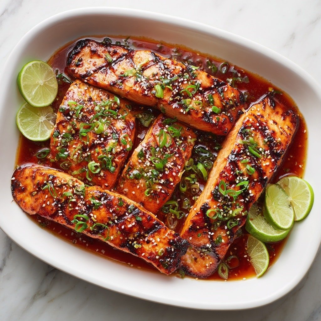 A white baking dish filled with grilled salmon fillets coated in a shiny, reddish-brown sauce, with visible grill marks on the salmon’s surface. The salmon pieces are laid side by side, covered in a sauce that glistens and pools slightly around the edges. Small green onion slices are scattered across the top, adding a fresh, bright green contrast. White sesame seeds and finely chopped herbs are sprinkled over the salmon, enhancing texture and color. There are also lime wedges positioned around the salmon, adding a fresh, pale green and light yellow burst. The dish sits on a white marbled surface. Photo taken with an iphone --ar 1:1 --v 7 — Honey Chili Glazed Chicken, Honey Chili Chicken recipe, spicy honey chicken, easy honey chicken dinner, flavorful chicken with honey chili glaze