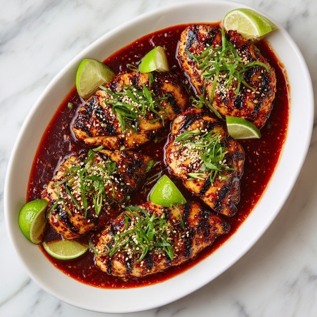 The image shows a white oval dish filled with six pieces of cooked chicken, covered with a shiny dark red sauce that looks thick and spicy. Each chicken piece is grilled with visible dark grill lines and has green onion slices and sesame seeds sprinkled on top. There are three lime wedges placed inside the dish around the chicken, adding a fresh green color contrast. The dish sits on a white marbled surface, and the sauce pools around the chicken pieces with a rich and glossy texture. photo taken with an iphone --ar 1:1 --v 7 — Honey Chili Glazed Chicken, Honey Chili Chicken recipe, spicy honey chicken, easy honey chicken dinner, flavorful chicken with honey chili glaze