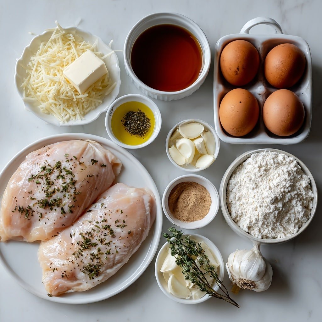 Flat lay of two large raw boneless skinless chicken breasts seasoned with coarse salt, black pepper, and a sprinkle of Italian herbs, a small mound of fine white flour on a white ceramic plate, a small white bowl of shredded Parmesan cheese, a small white bowl filled with golden olive oil, a small white bowl of rich brown chicken broth, a single whole beef bouillon cube beside fresh dried thyme sprigs, a small white bowl containing smooth low sodium soy sauce, a small white bowl of light beige onion powder, a small white bowl holding dried mustard powder, three whole uncracked light brown eggs, a small white bowl of creamy pale butter cubes, ten whole fresh peeled garlic cloves, a small white bowl of extra white flour, a small white bowl of thick heavy cream, and a second small white bowl of more shredded Parmesan cheese neatly arranged in perfect symmetry on a simple white ceramic surface placed on a clean white marble surface, soft natural light, photo taken with an iPhone, professional food photography style, fresh ingredients, white ceramic bowls, no bottles, no duplicates, no utensils, no packaging --ar 1:1 --v 7 --p m7354639359234015250 — Creamy Garlic Chicken, Creamy Garlic Chicken Recipe, Easy Creamy Chicken Dinner, Comforting Chicken Recipes, Garlic Chicken with Cream Sauce