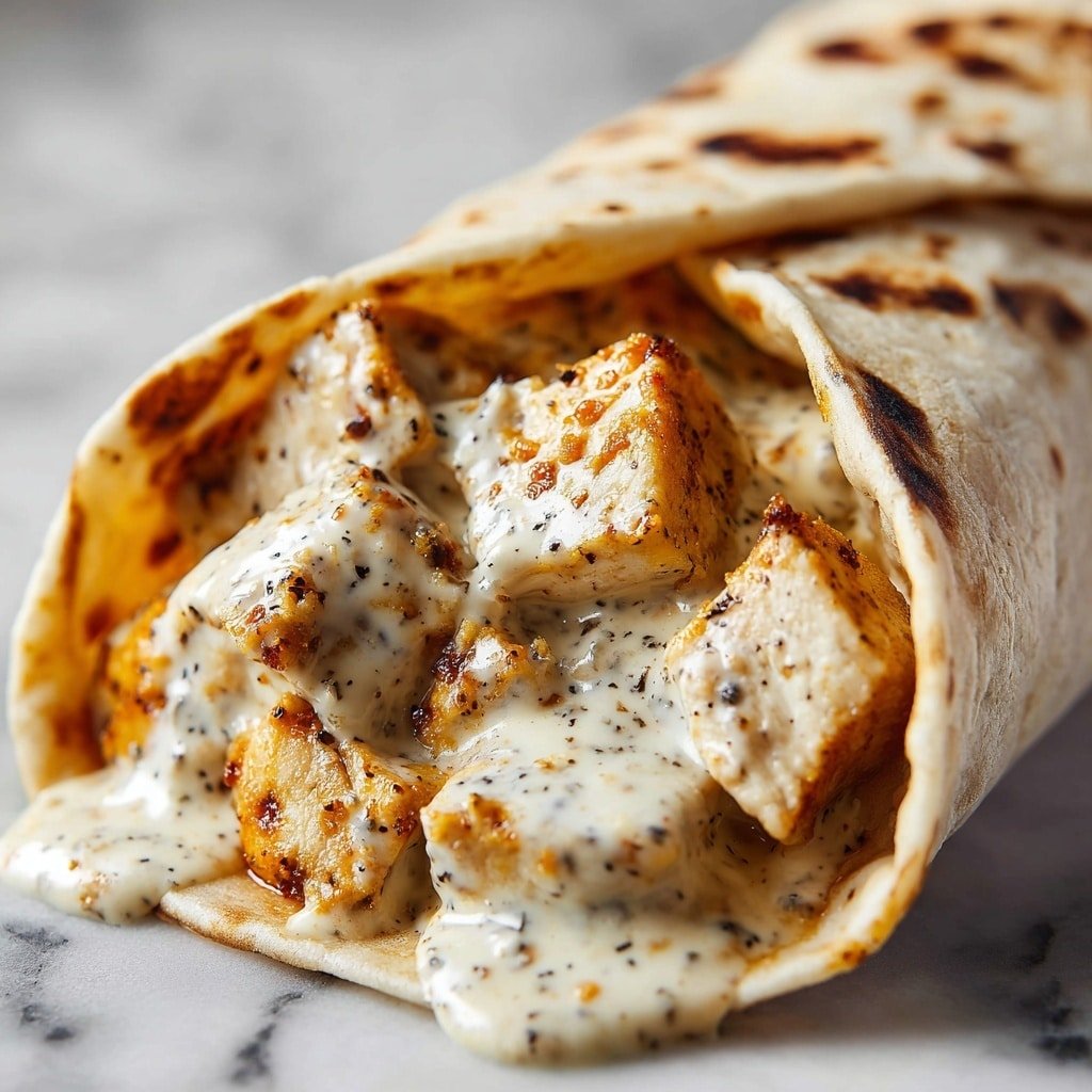 A close-up view of a wrap showing three layers of grilled chicken pieces inside, covered with melted white cheese that has spots of black pepper and a light orange sauce dripping slightly around the edges. The wrap itself is light brown with a toasted texture, and it is resting on a white plate placed on a white marbled surface. The wrap is held gently by a woman's hand on the right edge. photo taken with an iphone --ar 1:1 --v 7 — Cheesy Garlic Chicken Wraps, cheesy chicken wraps, garlic chicken wraps, easy chicken wrap recipes, flavorful chicken wraps