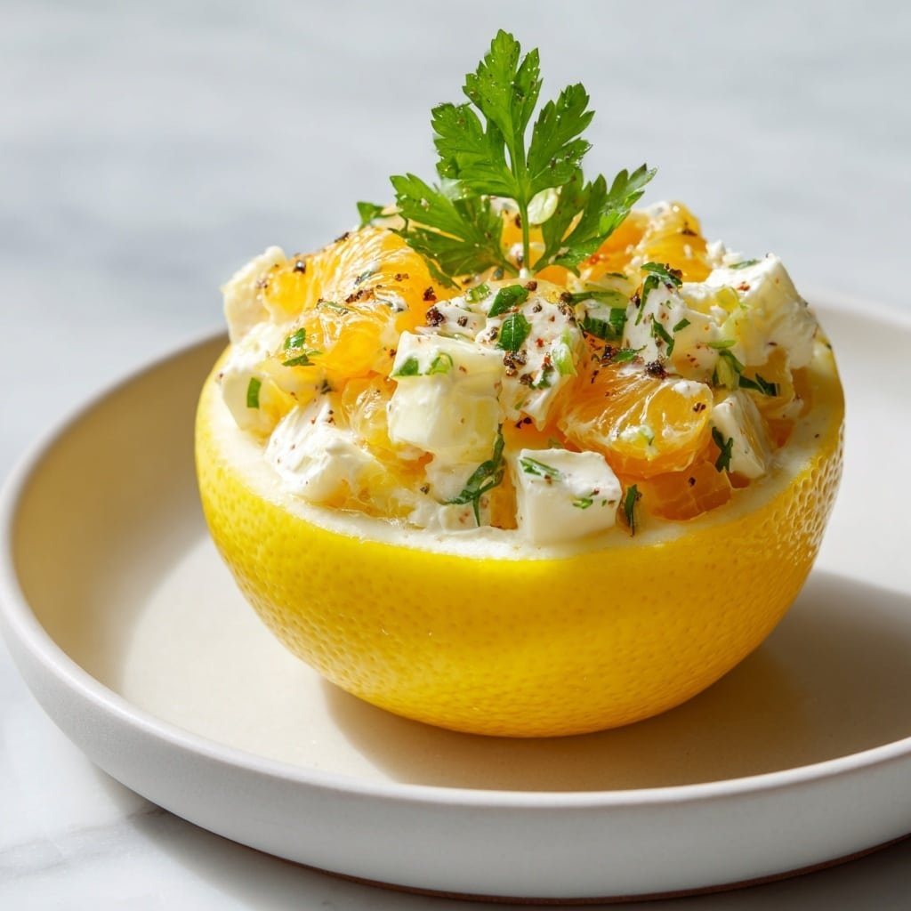 A round hollowed lemon half forms the base layer with its bright yellow peel and light, juicy interior exposed, sitting on a simple white plate. On top, there is a creamy salad mixture of soft white pieces mixed with chunky orange segments, speckled with small green herbs and flecks of black pepper. The salad looks fresh and moist with a smooth texture. A small sprig of fresh green parsley stands upright in the center, adding height and a pop of color. The white marbled surface beneath contrasts softly with the plate photo taken with an iphone --ar 1:1 --v 7 — Easy Crab Salad, crab salad appetizer, quick crab salad, healthy crab salad, seafood salad recipe