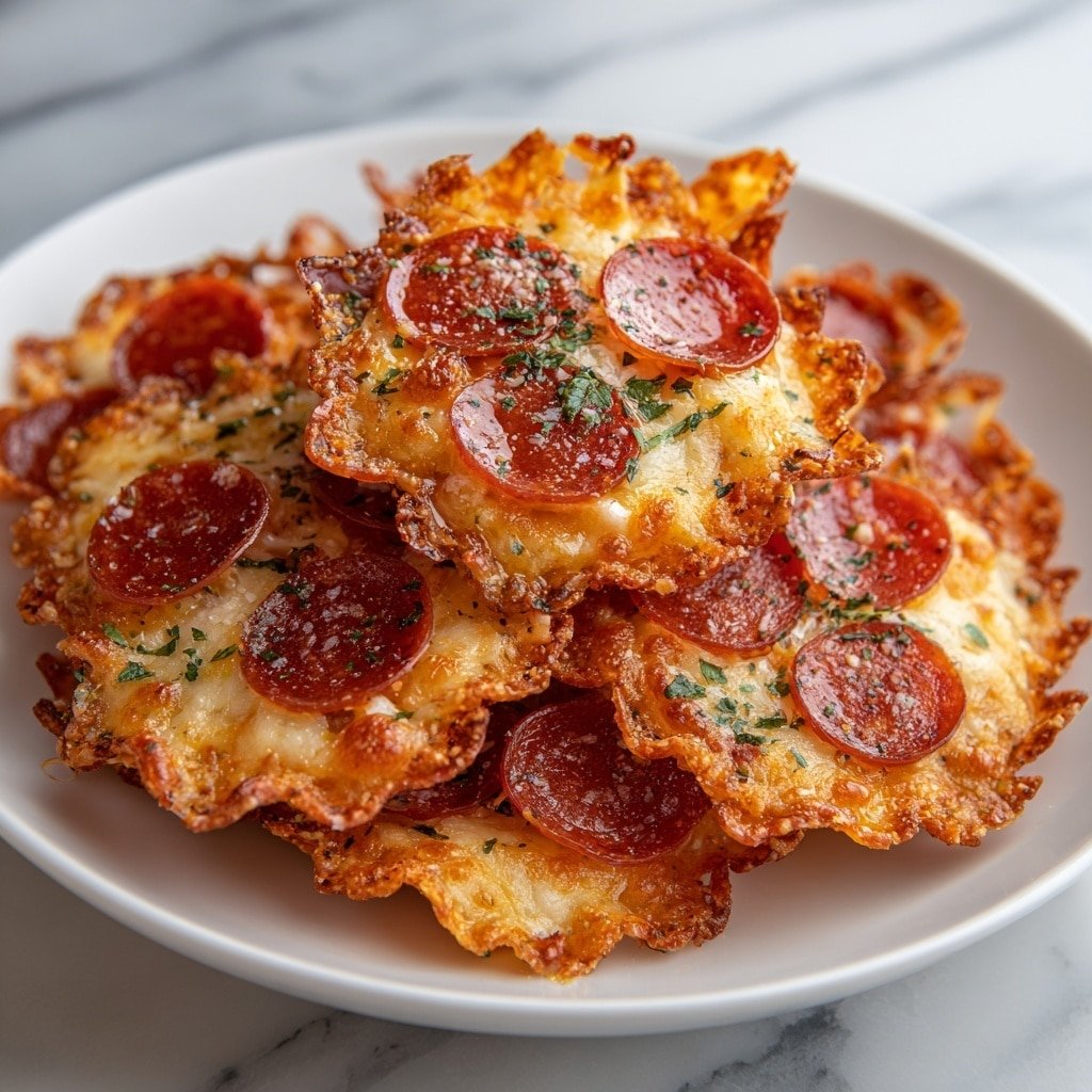 A white plate full of small, crispy pizza chips stacked in a pile. Each chip looks like a tiny pizza slice with a crispy golden-brown crust layer at the bottom, covered by melted light orange cheese with some bubbly, browned spots. On top of the cheese, there are small, round, dark red pepperoni slices evenly placed, and sprinkled with green herbs and a bit of seasoning powder. The chips have rough, wavy edges and varied angles showing their crispy texture. The background is a white marbled surface. Photo taken with an iphone --ar 1:1 --v 7 — Cheese Pizza Chips, cheesy snack, crispy pizza chips, easy pizza snack, game night appetizers