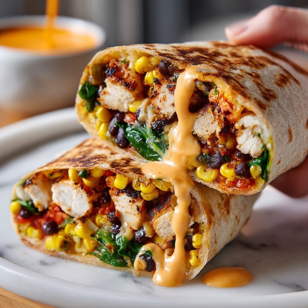 A close-up of a white tortilla wrap cut in half and stacked, showing layers inside including grilled light brown chicken pieces, black beans, bright yellow corn, red tomato bits, and green leafy vegetables, all mixed with a creamy light orange sauce that is dripping slightly from the bottom half. The wrap is placed on a white marbled surface with a small black bowl of sauce blurred in the background. A woman's hand is holding the top wrap. photo taken with an iphone --ar 1:1 --v 7 — Spicy Southwest Chicken Wrap, Southwest chicken wrap, spicy chicken wrap recipe, easy chicken wrap, flavorful chicken wrap