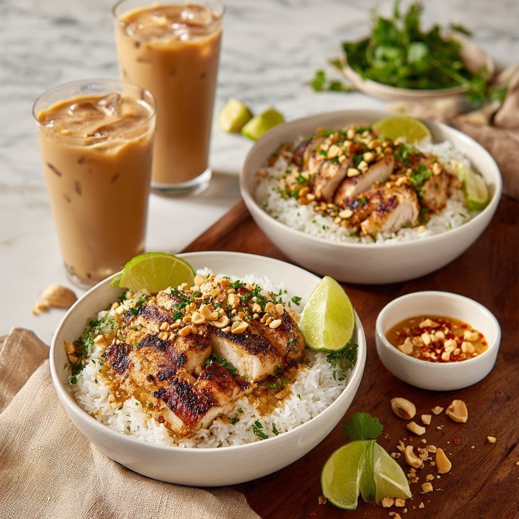 The image shows two white bowls filled with a layered dish. Each bowl has a base layer of white rice with some green herbs sprinkled on top. Above the rice, there are pieces of grilled chicken coated in a light brown sauce with small charred spots, garnished with chopped peanuts and green herbs. Two lime wedges sit on the edge of the front bowl. Around the bowls, there are two glasses filled with a light brown iced drink and a small white bowl containing sauce topped with crushed peanuts and chili flakes. The setting is on a wooden table with a beige napkin and scattered herbs and peanuts, all against a white marbled textured background. Photo taken with an iphone --ar 1:1 --v 7 — Thai Peanut Chicken, Thai Peanut Chicken recipe, easy Thai chicken stir-fry, creamy peanut chicken, quick Thai dinner ideas
