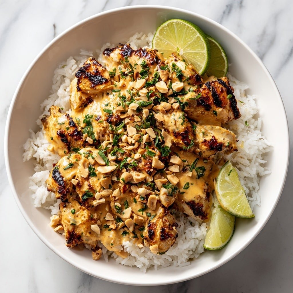 A white bowl filled with three layers: the bottom layer is white rice with some green herb leaves mixed in; the middle layer has golden-brown grilled chicken pieces covered in a creamy orange sauce with some small peanut pieces sprinkled on top; the top layer has two green lime wedges resting on the rice near the chicken, with fresh green herb leaves scattered around the dish. The bowl sits on a white marbled surface and part of a beige cloth is visible under the bowl. Photo taken with an iphone --ar 1:1 --v 7 — Thai Peanut Chicken, Thai Peanut Chicken recipe, easy Thai chicken stir-fry, creamy peanut chicken, quick Thai dinner ideas