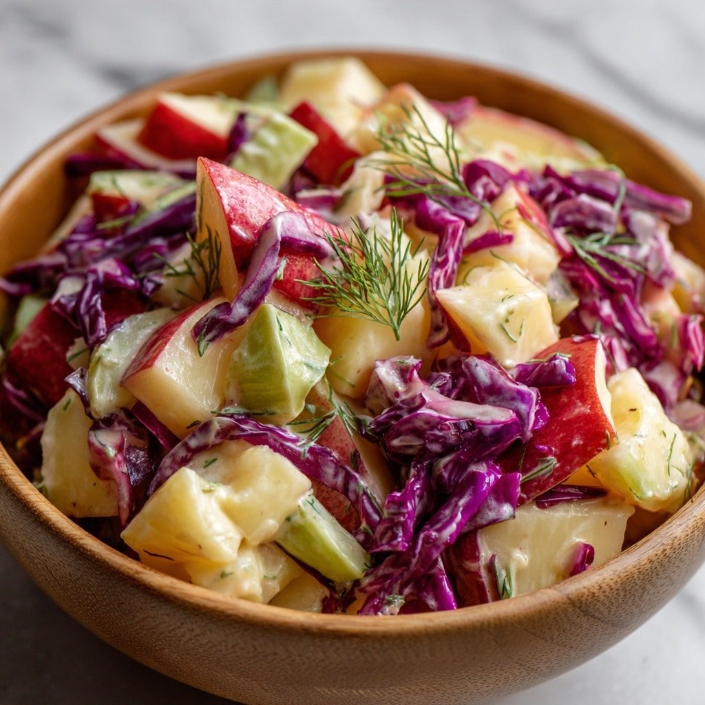 A close-up view of a wooden bowl filled with a colorful salad, showing three visible layers of ingredients mixed together. The base layer consists of cream-covered small cubes of pale yellow potato. Mixed through are thin strips of deep purple cabbage and pieces of bright red apple with skin on, along with slices of pale green celery. The salad is topped with small green sprigs of dill placed on the surface. The bowl sits on a white marbled textured surface. photo taken with an iphone --ar 1:1 --v 7 — Cranberry Apple Coleslaw, festive coleslaw recipes, healthy cabbage slaw, fruit and vegetable salad, easy side dish ideas