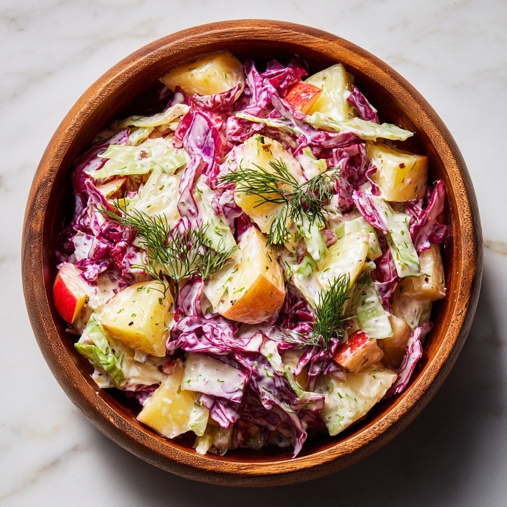 A wooden bowl filled with a colorful salad made of several layers, starting at the base with chopped green and purple cabbage and slices of celery, topped with chunks of pale yellow apple and small pieces of red apple. The ingredients are mixed with a creamy white dressing that slightly coats the vegetables, creating a light, textured surface. On top, two small sprigs of fresh green dill add a fresh touch, standing out against the layered colors. The bowl rests on a white marbled surface in soft natural light. photo taken with an iphone --ar 1:1 --v 7 — Cranberry Apple Coleslaw, festive coleslaw recipes, healthy cabbage slaw, fruit and vegetable salad, easy side dish ideas
