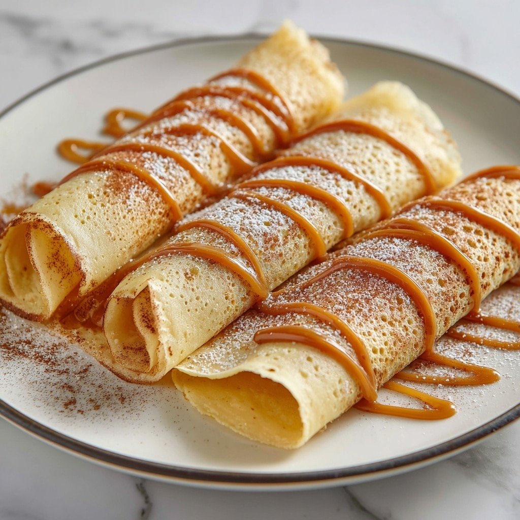 A stack of four rolled light beige crepes is placed on a white plate with a thin black rim, arranged in a pyramid shape with three crepes on the bottom and one on top. Each crepe has a soft, smooth texture with small bubbles visible on the surface, dusted evenly with a light brown powder, likely cinnamon. Thick lines of light brown caramel sauce are drizzled across the crepes, adding a glossy texture and contrast. The plate is set on a white marbled surface, and the background is softly blurred with white fabric. Photo taken with an iphone --ar 1:1 --v 7 — Protein Cinnamon Roll Crepes, healthy cinnamon crepes with protein, easy breakfast crepes with cinnamon and yogurt, quick protein crepe recipes, cozy cinnamon crepes for mornings