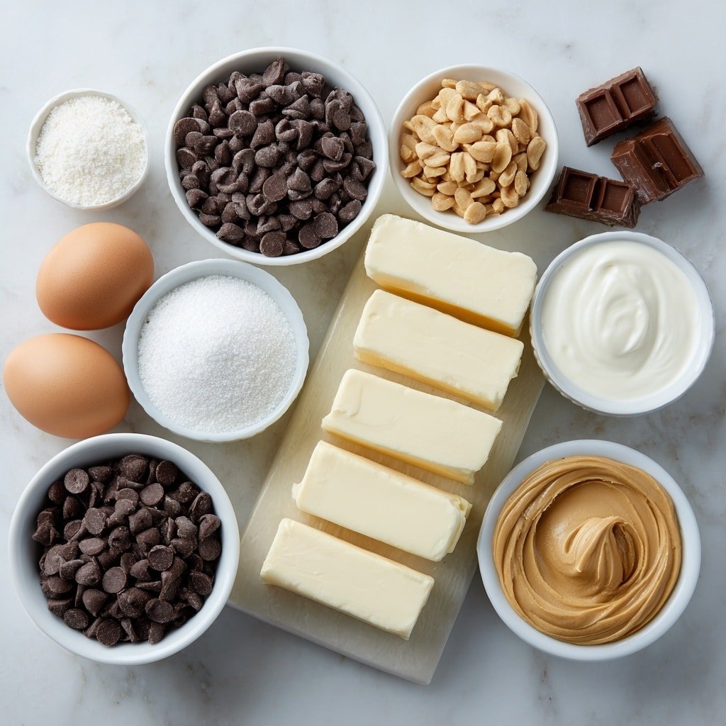 Flat lay of a small white ceramic bowl of semi-sweet chocolate chips, a small white ceramic bowl of peanut butter chips, three whole uncracked brown eggs, a small white ceramic bowl of creamy peanut butter, a small white ceramic bowl of granulated sugar, a small white ceramic bowl of heavy cream, three blocks of cream cheese arranged neatly without packaging, and a few miniature peanut butter cups quartered, all placed symmetrically on a clean white marble surface, soft natural light, photo taken with an iPhone, professional food photography style, fresh ingredients, white ceramic bowls, no bottles, no duplicates, no utensils, no packaging --ar 1:1 --v 7 --p m7354639359234015250 — Reese’s Peanut Butter Cheesecake with Brownie Crust, peanut butter cheesecake recipes, chocolate peanut butter desserts, homemade cheesecake with brownie crust, decadent dessert recipes