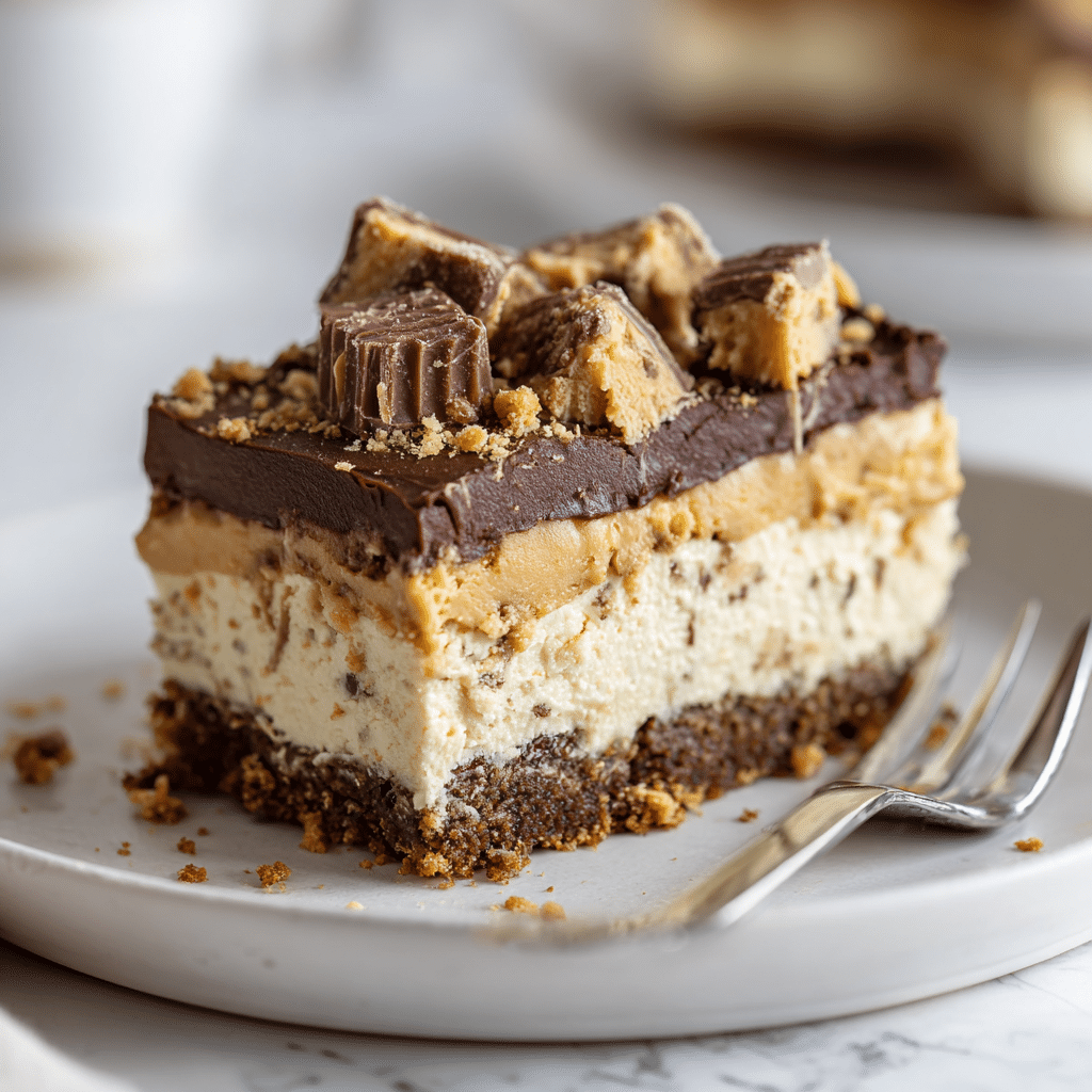 This image shows a thick layered dessert slice held by a silver fork. The bottom layer is dark brown, dense, and crumbly. Above it is a thick creamy tan layer with bits of chocolate mixed inside. On top of this is a glossy dark chocolate layer that drips slightly down the sides. The top is sprinkled with chunks of chocolate and peanut butter candies, adding texture and variety. In the background, the whole dessert sits on a white round plate on a white marbled surface. Photo taken with an iphone --ar 1:1 --v 7 — Reese’s Peanut Butter Cheesecake with Brownie Crust, peanut butter cheesecake recipes, chocolate peanut butter desserts, homemade cheesecake with brownie crust, decadent dessert recipes