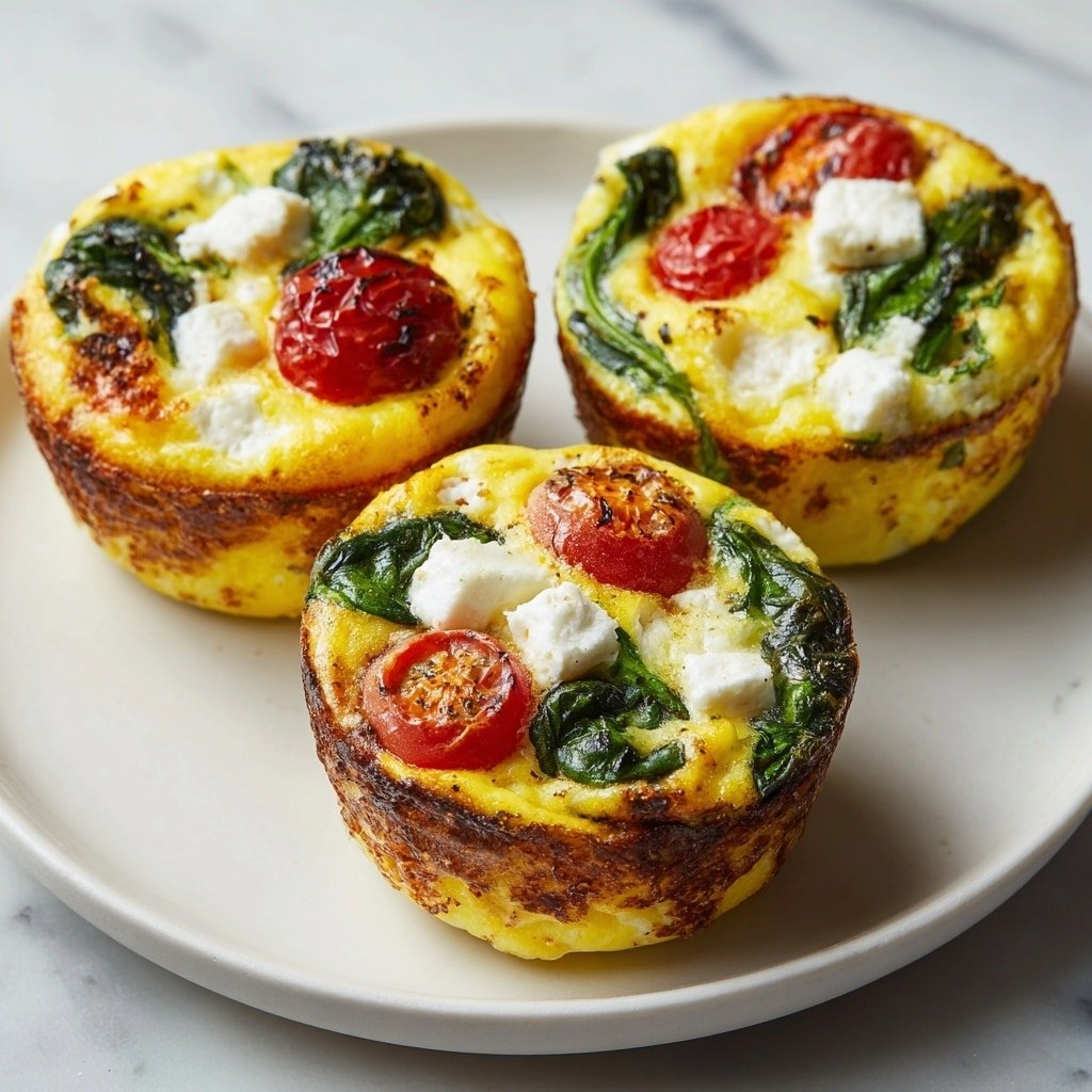 The image shows three small egg cups on a white plate with a white marbled texture surface. Each egg cup has a crispy, golden-brown outer crust that forms the base and sides. Inside, there is a bright yellow egg layer filling most of the cup. On top of the egg layer, there are small dollops of white cheese, patches of dark green spinach, and pieces of red tomato, creating a colorful and textured look. The egg cups are arranged with one in the front in clear focus and two slightly blurry in the back. The lighting highlights the vibrant colors and textures clearly. photo taken with an iphone --ar 1:1 --v 7 — Spinach Feta Egg Muffins, healthy egg muffin recipe, Mediterranean breakfast muffins, quick breakfast egg cups, savory egg muffin ideas