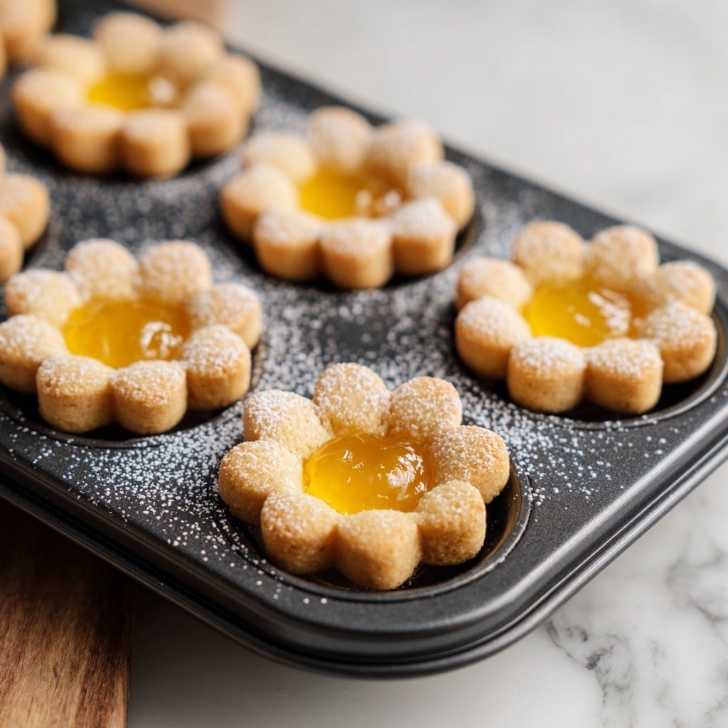 The image shows a black metal muffin tray holding several flower-shaped cookies. Each cookie is formed with six beige, smooth-textured petals arranged around a smooth, shiny yellow center resembling jelly or jam. The cookies and the tray have a light dusting of white powdered sugar, giving a soft, powdery look. The tray sits on a white marbled surface with a wooden edge visible in the corner. The focus is close-up, showing the delicate texture of the cookies and the shiny, translucent filling in the middle. Photo taken with an iphone --ar 1:1 --v 7 — Mini Lemon Tartlets with Lemon Curd, lemon tartlet recipe, easy lemon tartlets, no-bake lemon tartlets, citrus dessert for gatherings