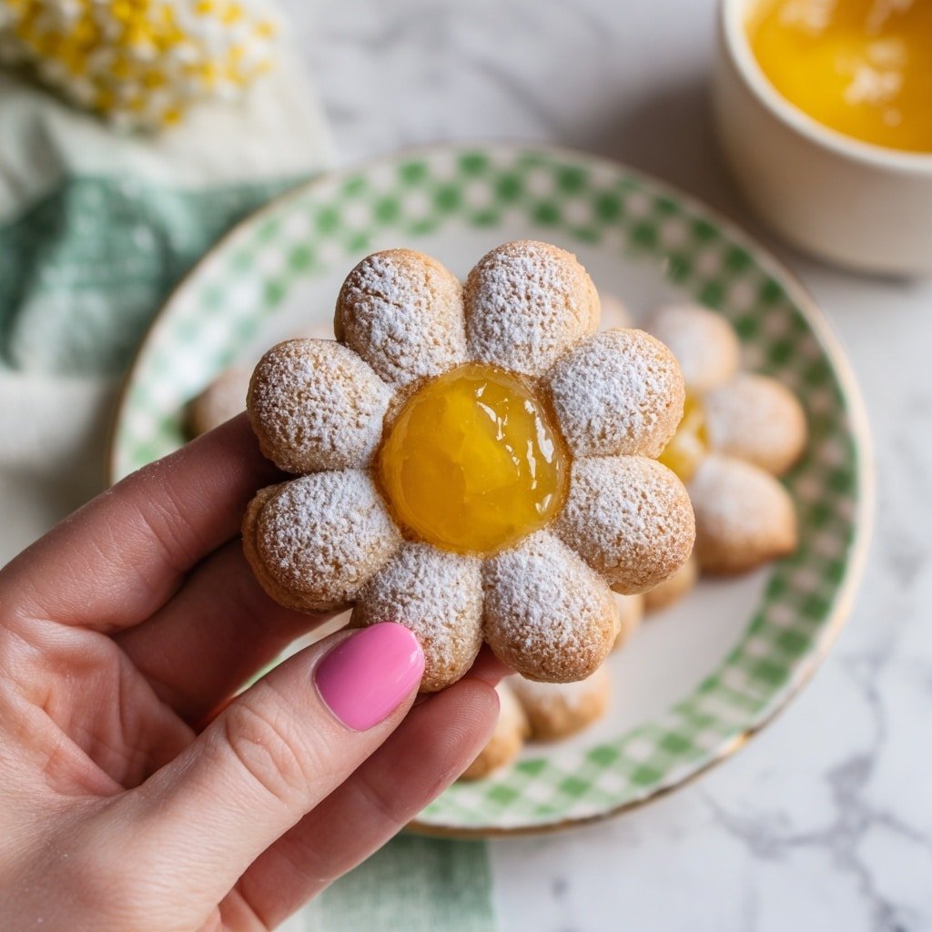 The image shows a black muffin tray filled with flower-shaped cookies, each having six rounded petals made of light golden dough dusted with white powdered sugar. In the center of each flower is a translucent yellow jelly filling that looks smooth and shiny. The tray sits on a white marbled surface, with some powdered sugar also sprinkled around the cookies and in the empty muffin cups. The overall look highlights the contrast between the pale cookies, the bright yellow centers, and the dark tray. photo taken with an iphone --ar 1:1 --v 7 — Mini Lemon Tartlets with Lemon Curd, lemon tartlet recipe, easy lemon tartlets, no-bake lemon tartlets, citrus dessert for gatherings