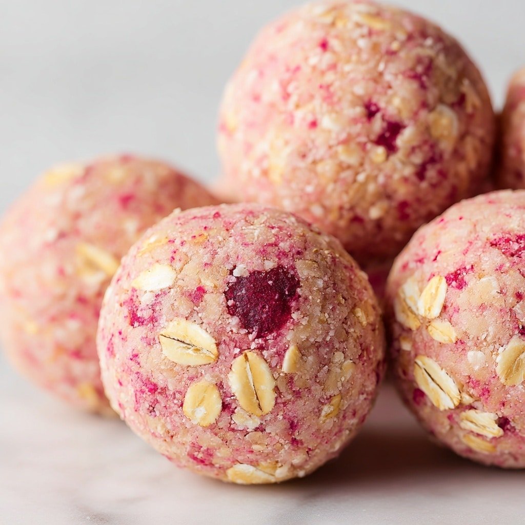 The image shows several round energy balls that have a rough texture with bits of oats stuck on the outside. The balls are mainly light pink with some darker pink flecks spread throughout, and the front ball has a visible darker pink center that looks soft. The oats on the surface add a pale yellow color in small patches, giving a natural look. The balls are tightly packed together on a white marbled texture, making the colors and textures stand out clearly. photo taken with an iphone --ar 1:1 --v 7 — Strawberry Cheesecake Protein Balls, healthy protein bites, no-bake snack idea, quick nutritious treats, easy protein snack recipes